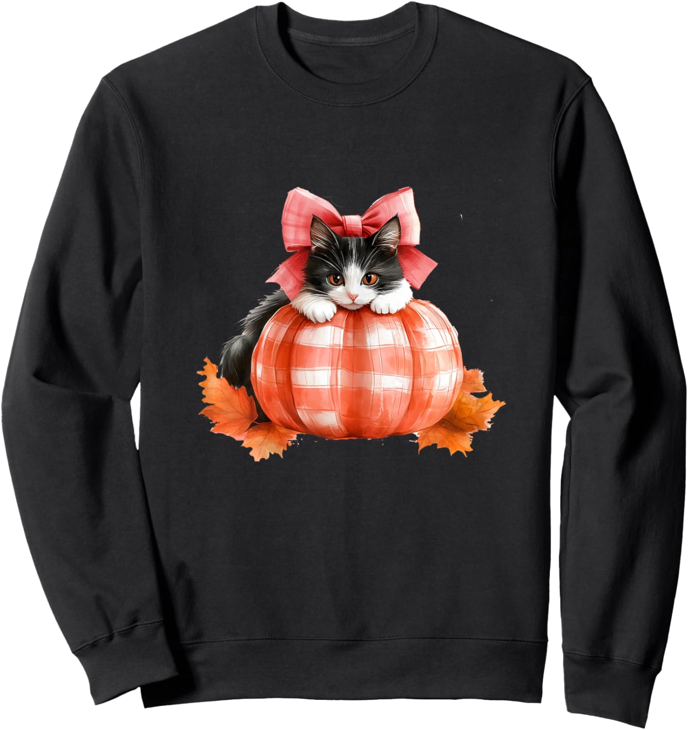 Cute Halloween Pumpkin Cat Pink Fall Plaid Thanksgiving Girl Sweatshirt - Sweatshirt | Black