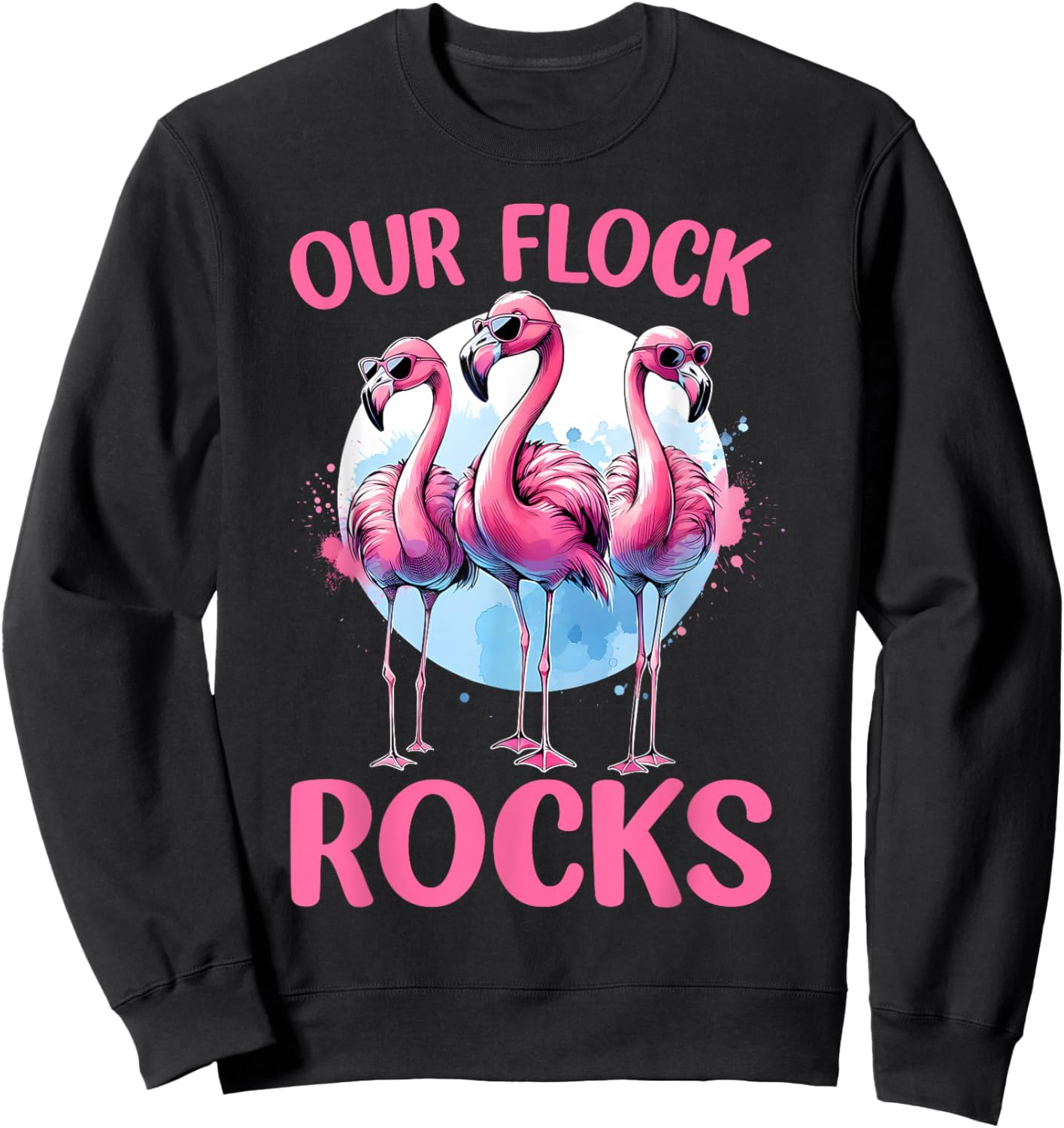 Our Flock Rocks Flamingos Lover Family Vacation Group Sweatshirt - Sweatshirt | Black
