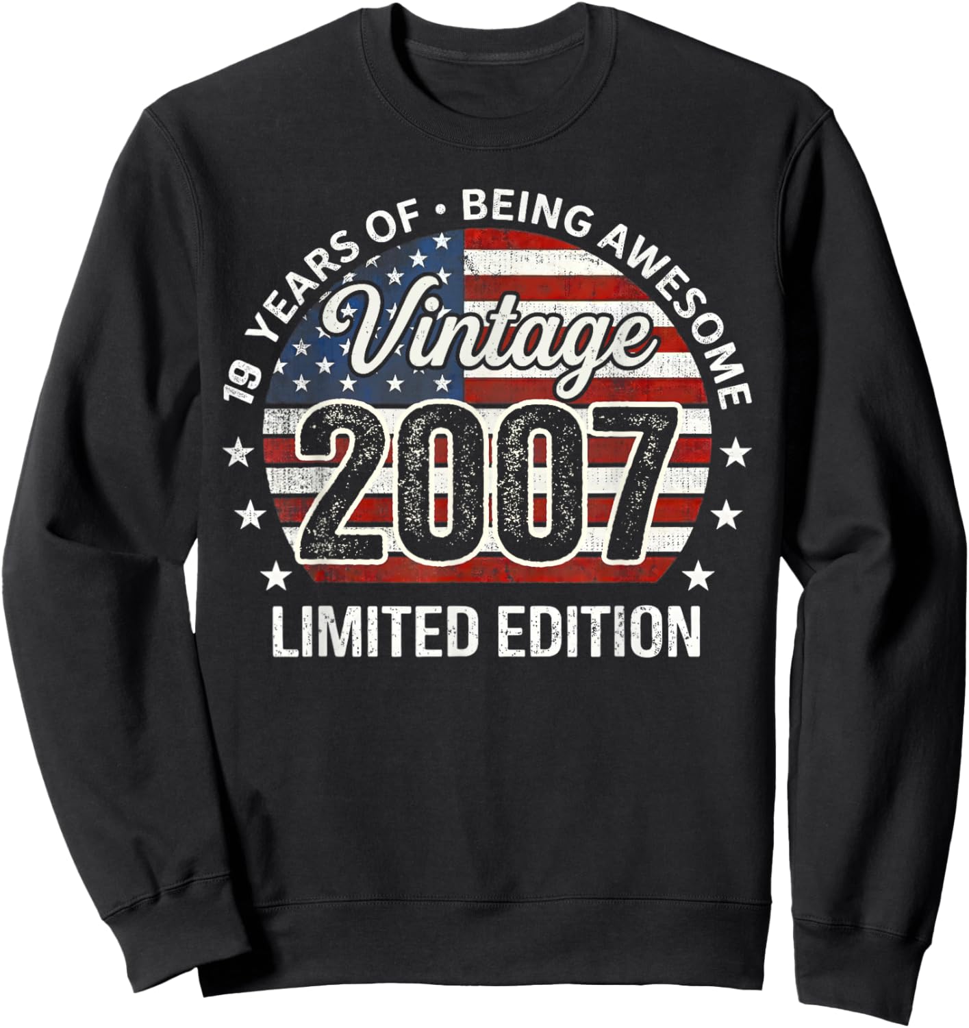 Vintage Awesome Since 2007 Retro 19th Birthday USA Flag Sweatshirt - Sweatshirt | Black