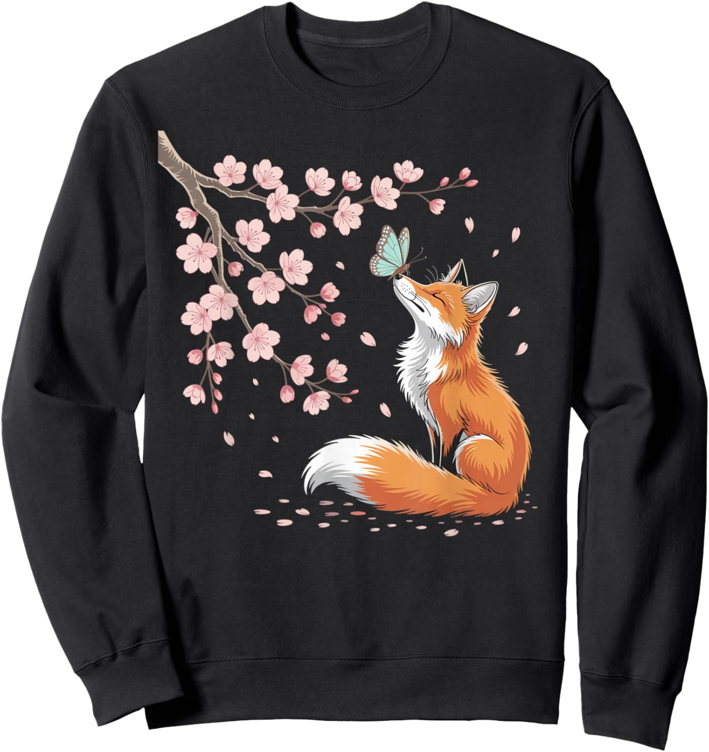 Fox Japanese Cherry Blossom Sakura Tree Kawaii Girls Women Sweatshirt - Sweatshirt | Black
