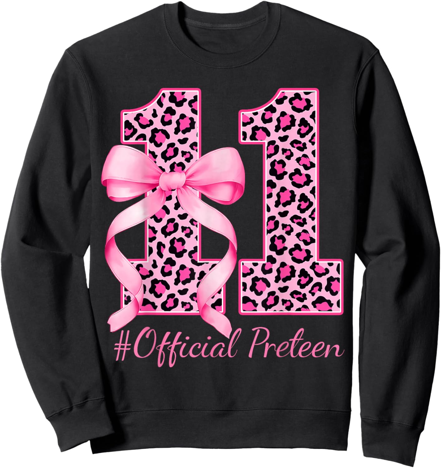 Cute 11th Birthday Girl Leopard Coquette Bow 11 Year Old Sweatshirt - Sweatshirt | Black