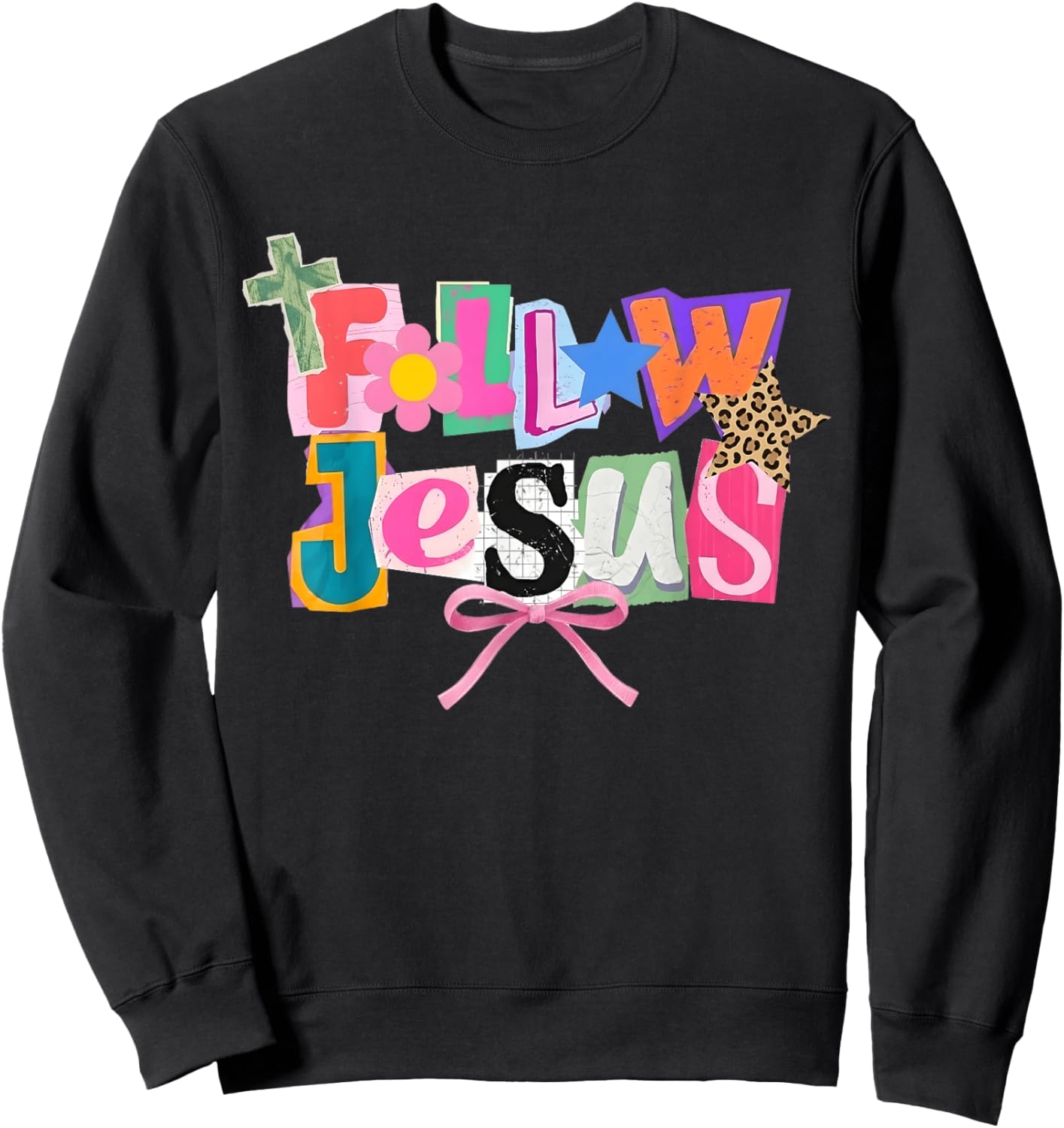 Preppy Follow Jesus Collage Y2K Coquette Faith Bow Leopard Sweatshirt - Sweatshirt | Black