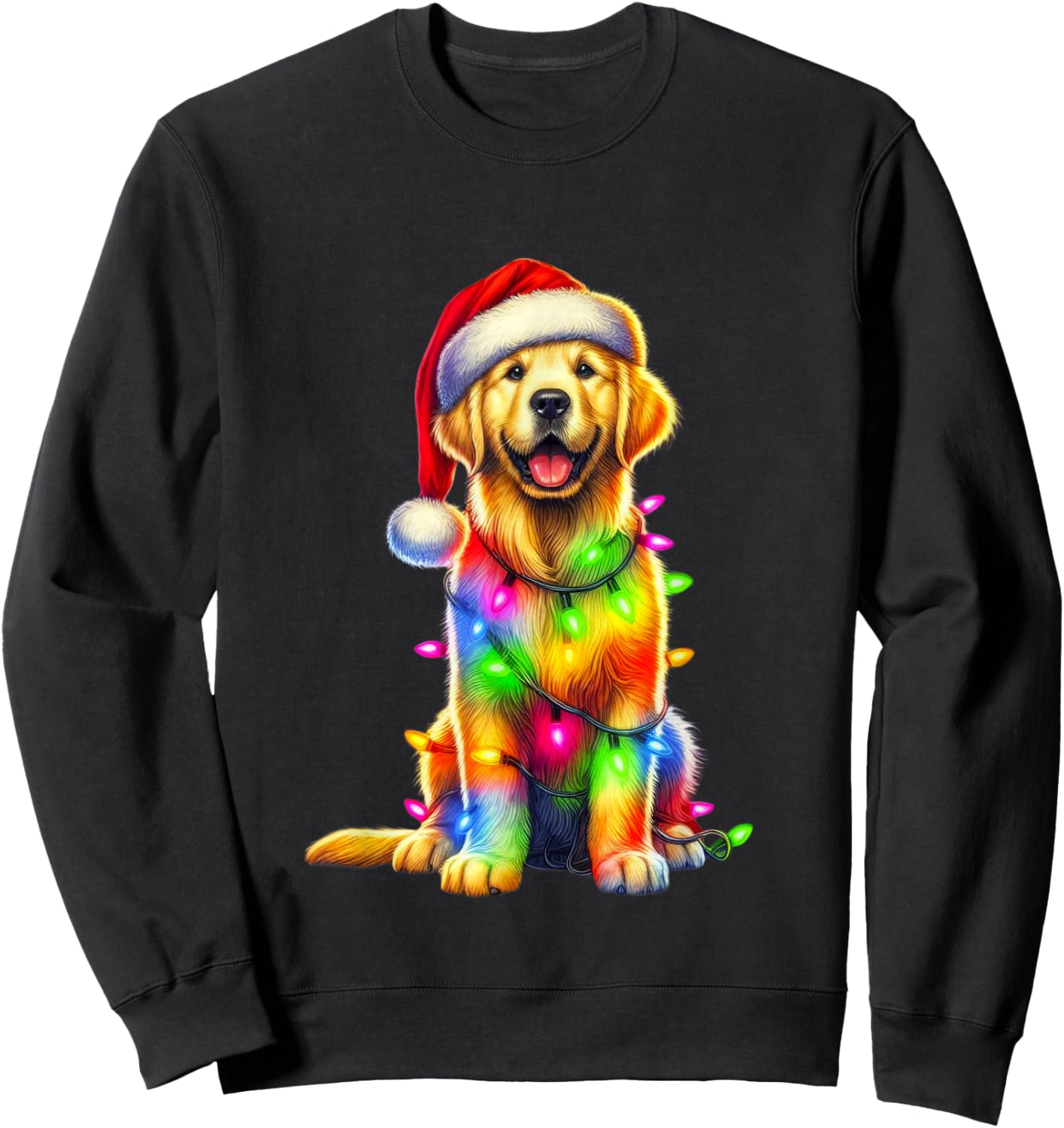 Golden Retriever Christmas Lights Santa Hat Xmas Dog Lover Sweatshirt - Sweatshirt | Black
