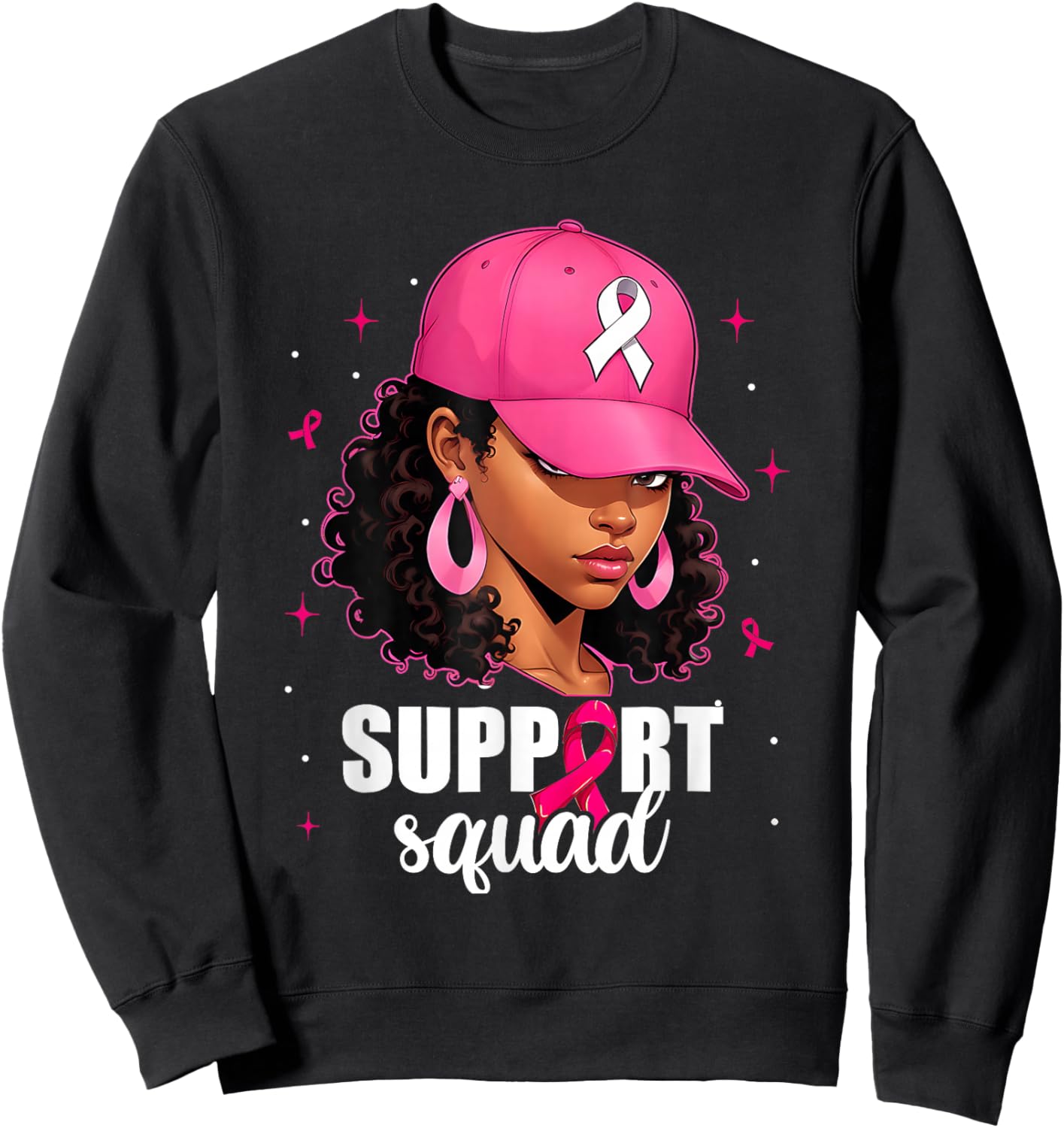 Support Squad Messy Bun Pink Warrior Breast Cancer Awareness Sweatshirt - Sweatshirt | Black