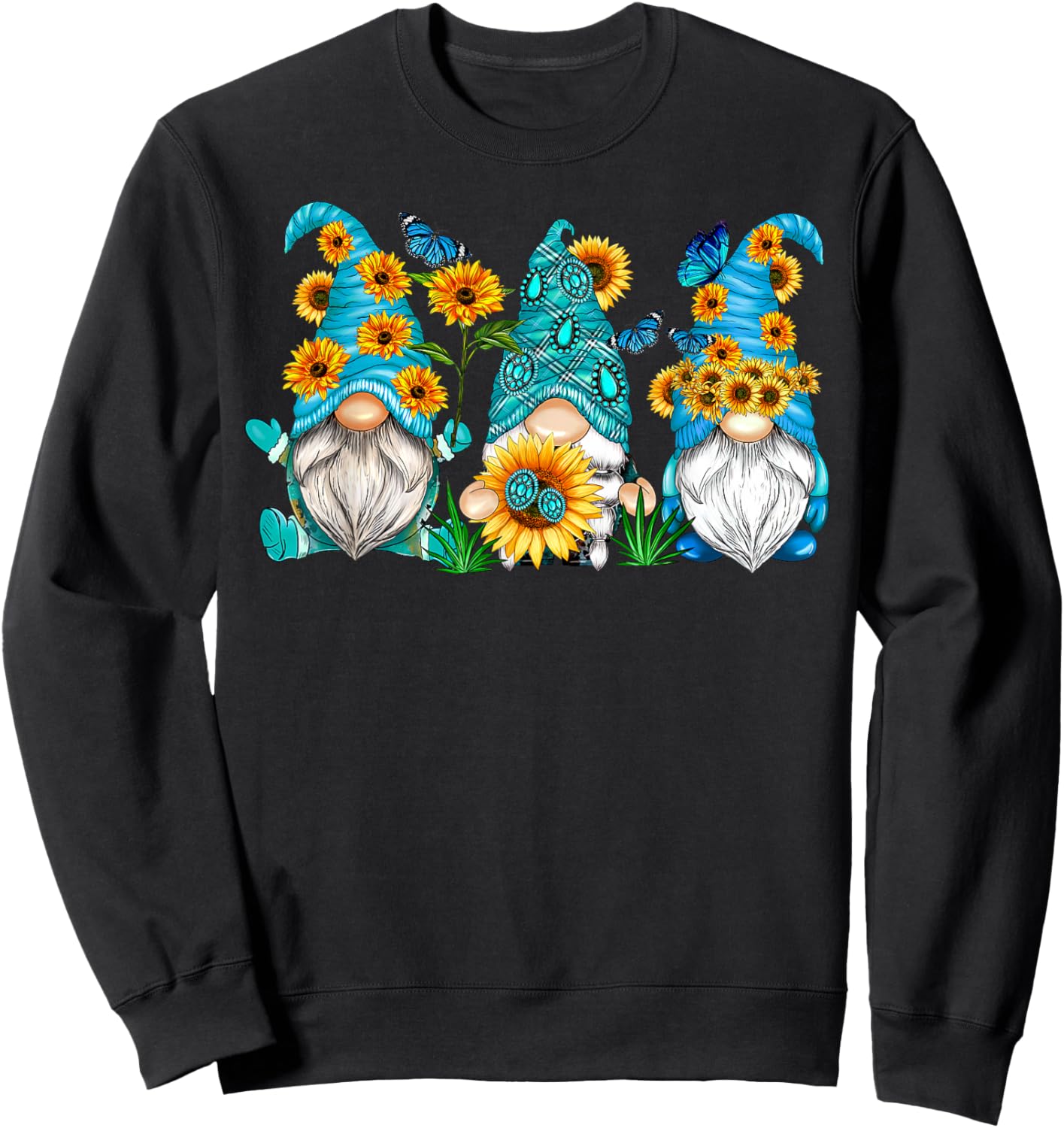 Cute Gnomes With Sunflower Butterfly Gardeners Summer Floral Sweatshirt - Sweatshirt | Black