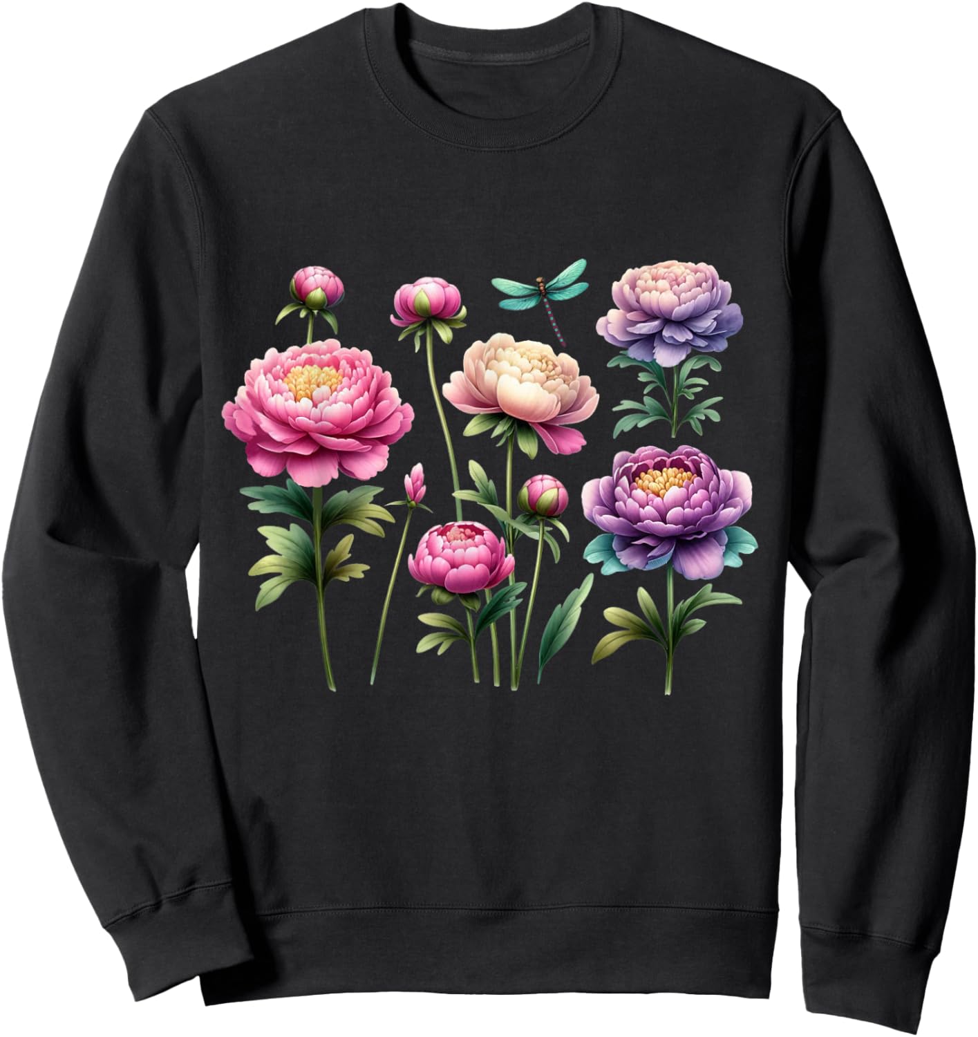 Beautiful Peonies Flowers Blossom Dragonfly Nature Gardener Sweatshirt - Sweatshirt | Black