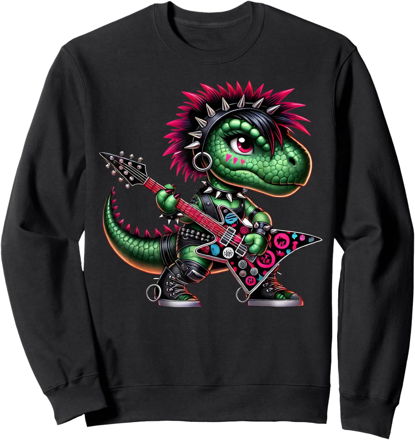 Cute Punk Girl Dinosaur Guitar Band, Rock'n Roll Dino, Girls Sweatshirt - Sweatshirt | Black