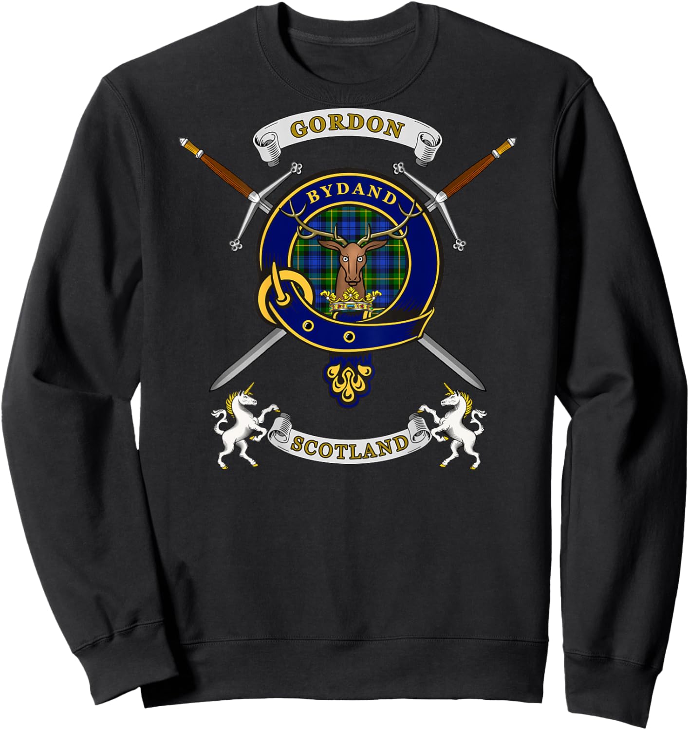Gordon Scottish Clan Badge Tartan & Swords (Back) Sweatshirt - Sweatshirt | Black
