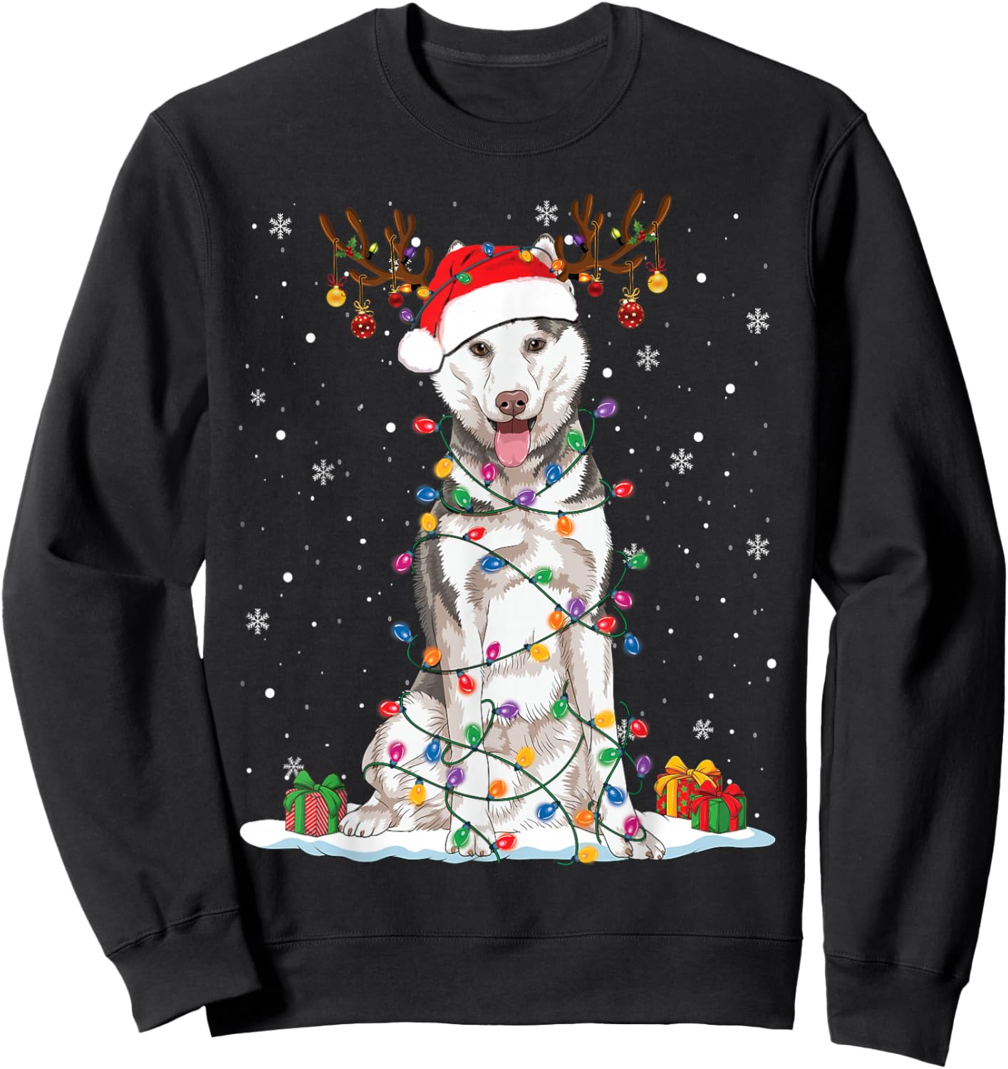 Funny Husky Dog Tree Christmas Lights Xmas Pajama Women Kids Sweatshirt - Sweatshirt | Black