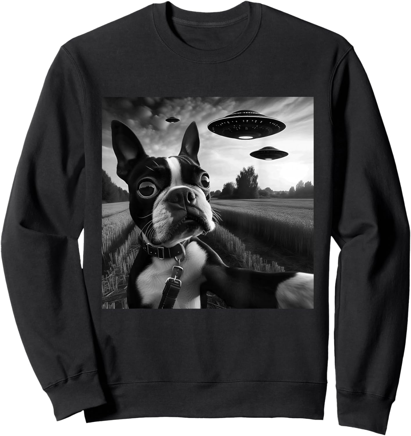 Boston Terrier Funny Graphic Selfie with UFOs Weird Aliens Sweatshirt - Sweatshirt | Black