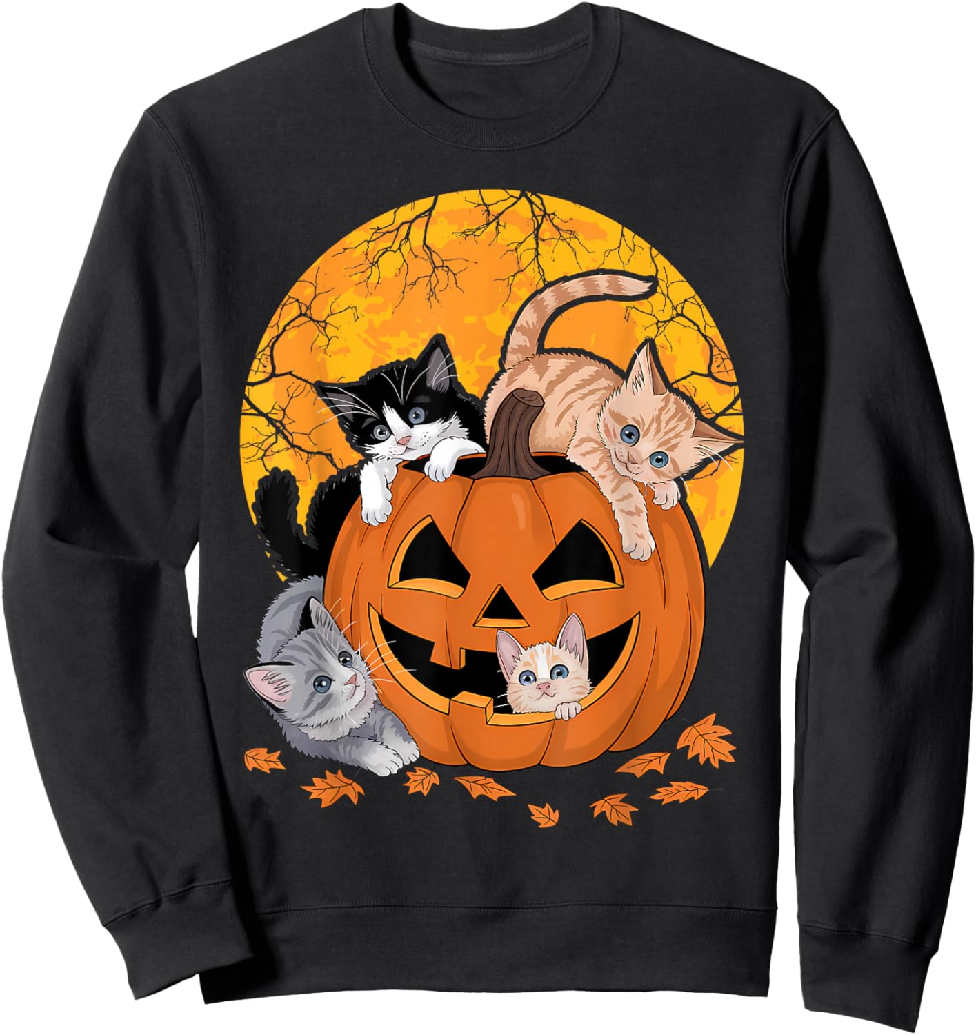 Vintage 90s Cat Pumpkin Halloween Retro Floral Spooky Season Sweatshirt - Sweatshirt | Black