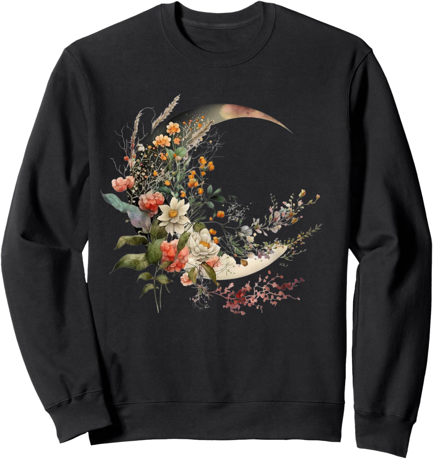 Floral Flower Crescent Moon Sweatshirt - Sweatshirt | Black