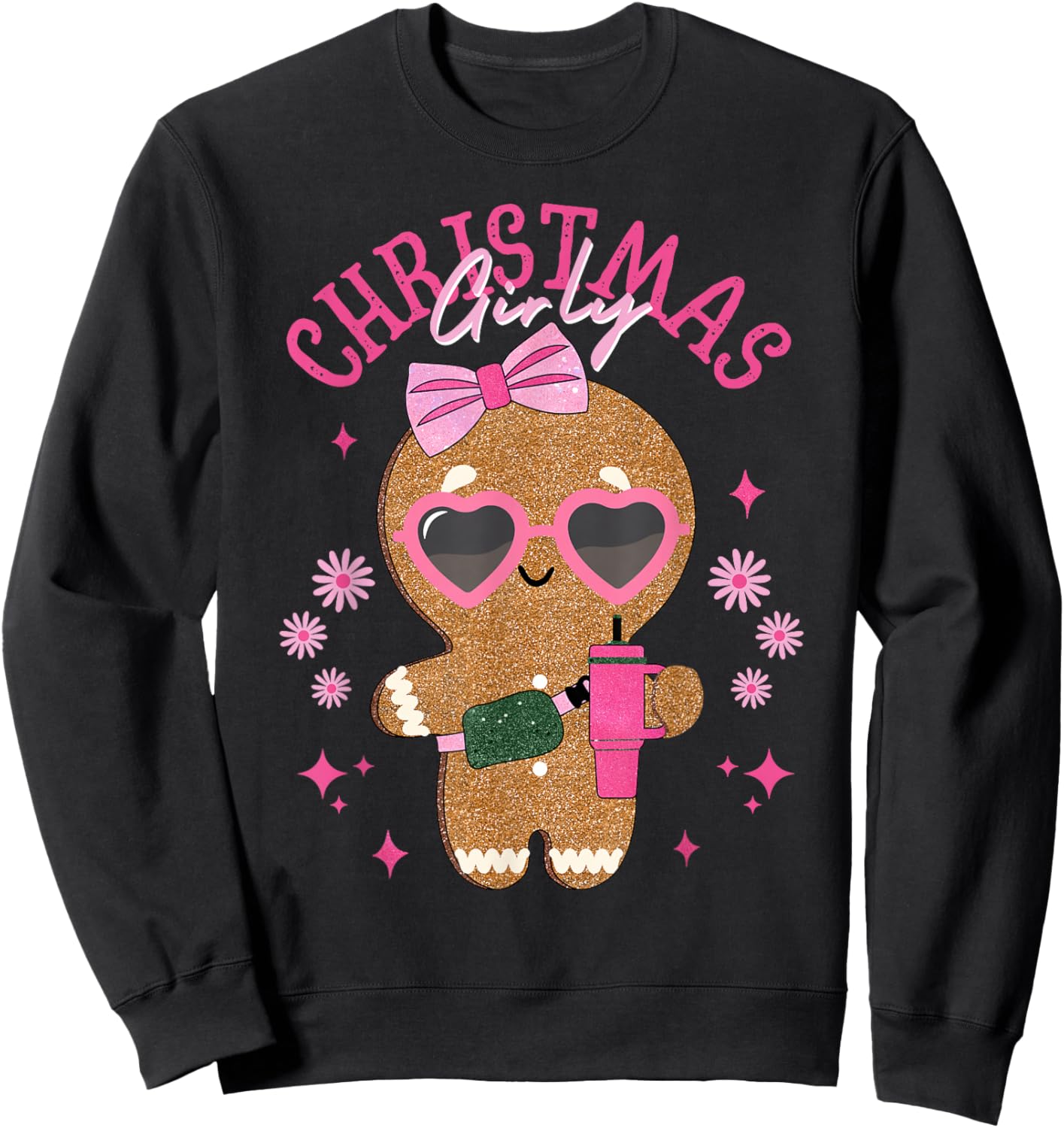 Coquette Bow Pink Gingerbread Christmas Girly Xmas Holiday Sweatshirt - Sweatshirt | Black