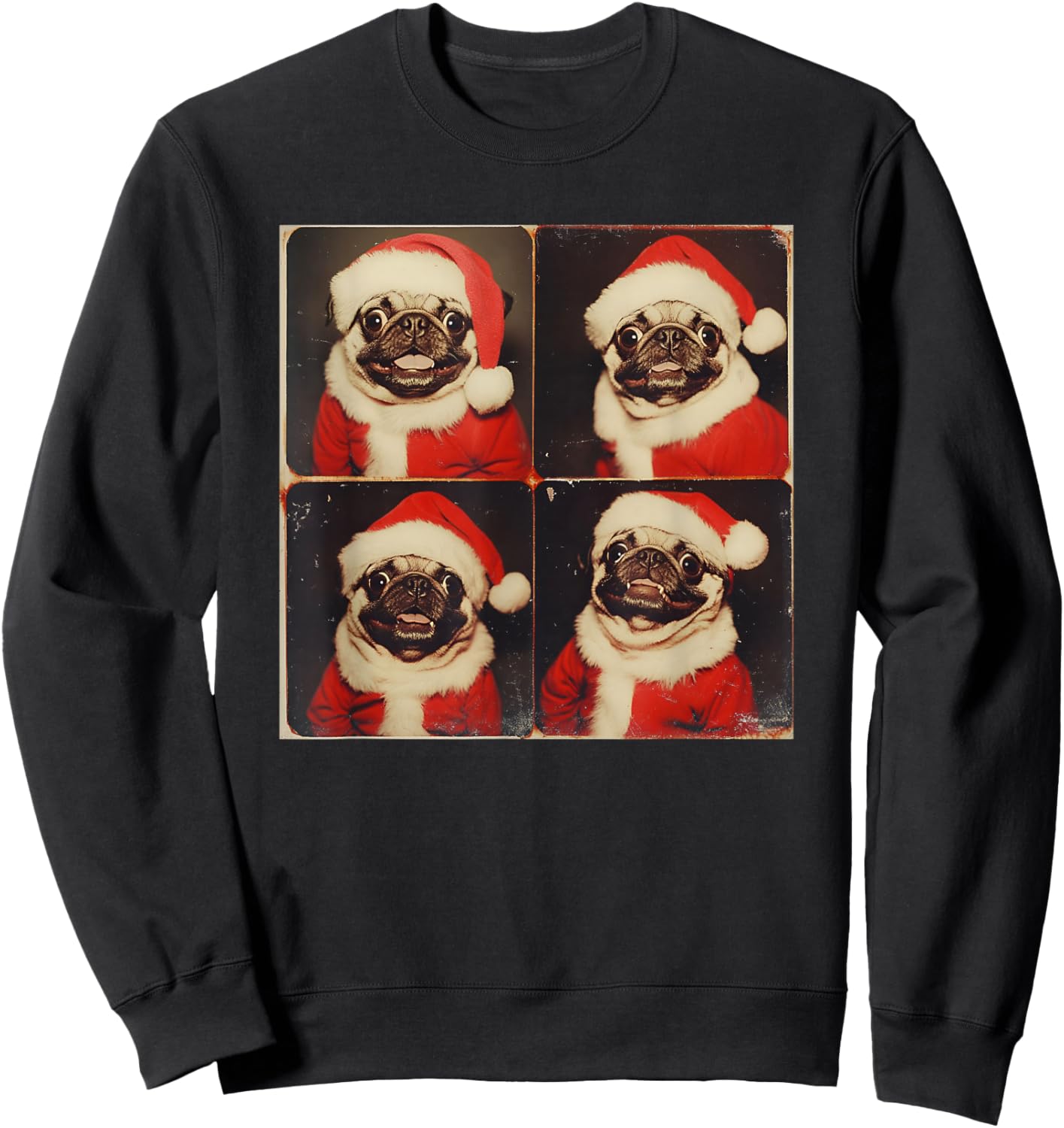 Xmas Pug Owner Photo Booth All Ages Black Cartoon Animal Graphic Modern Short Sleeve Sweatshirt - Sweatshirt | Black