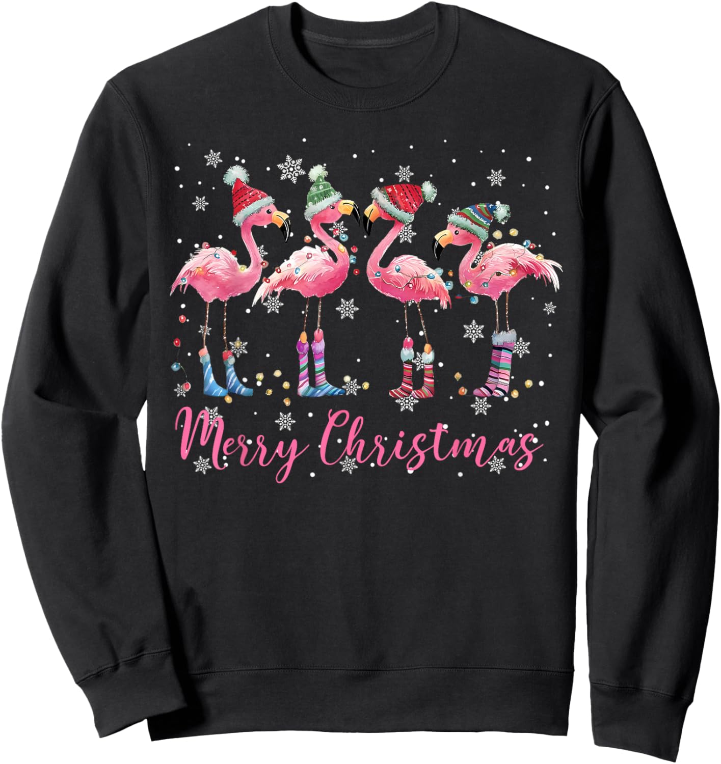 Merry Christmas Hat Santa Flamingo Light Christmas Snow Xmas Sweatshirt - Sweatshirt | Black