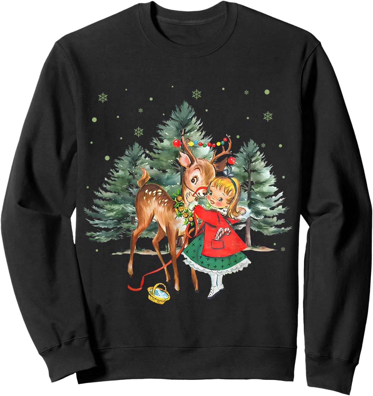 Vintage Girl and Reindeer Retro 1950's Christmas Sweatshirt - Sweatshirt | Black