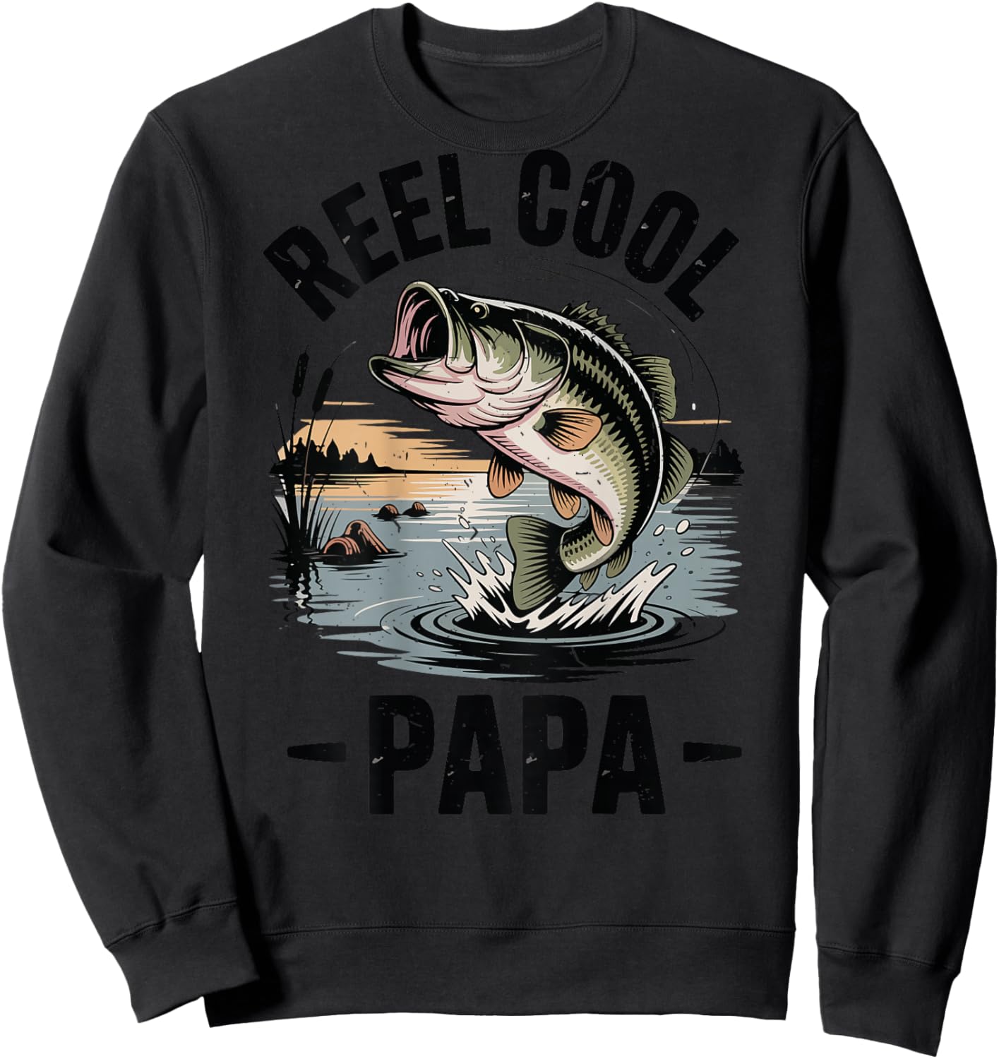 Reel Cool Papa Funny Dad Fishing Gift Son Daughter Bass Fish Sweatshirt - Sweatshirt | Black
