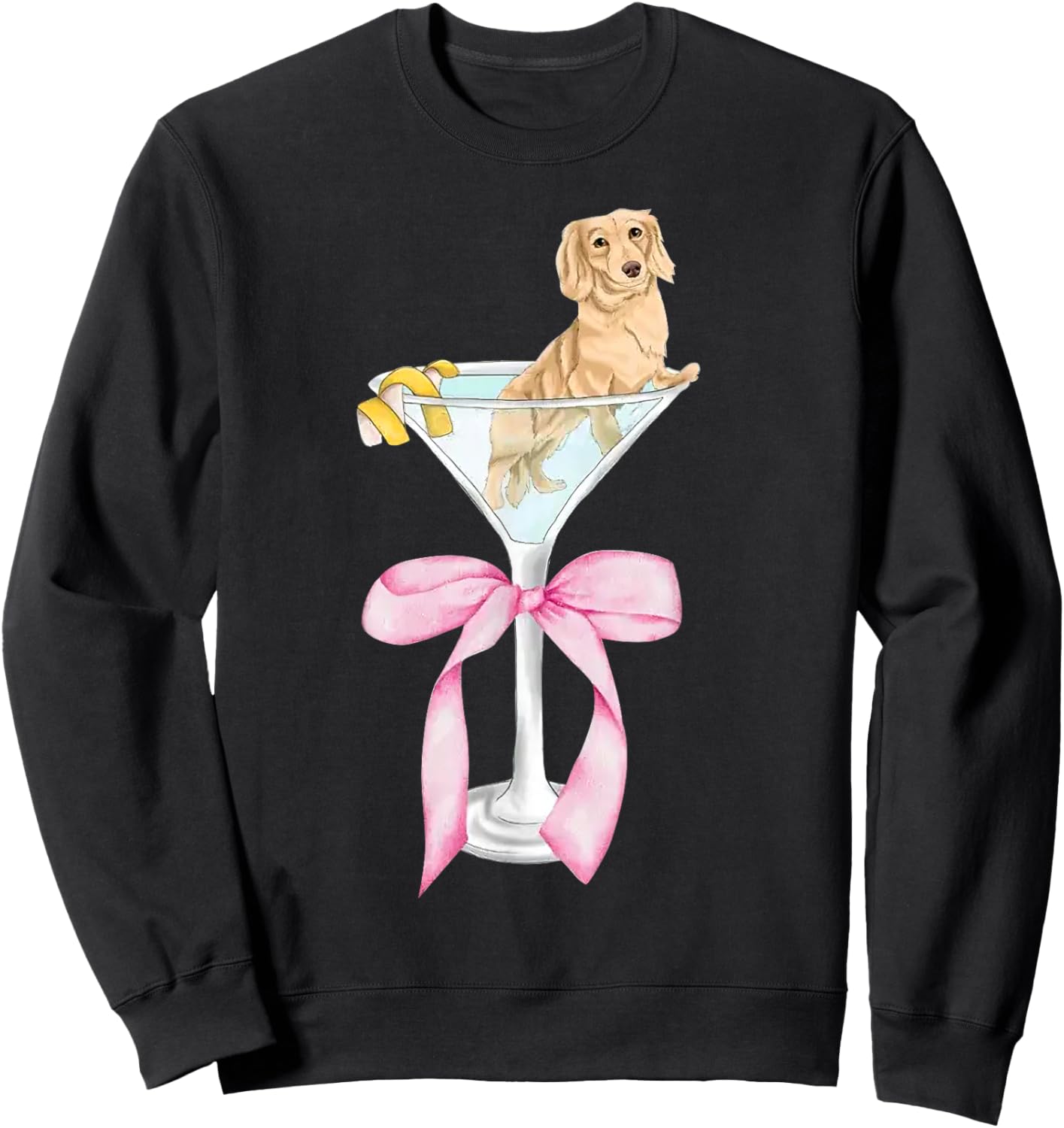 Funny Dachshund Dog With Martini Glass Coquette Pink Bow Sweatshirt - Sweatshirt | Black