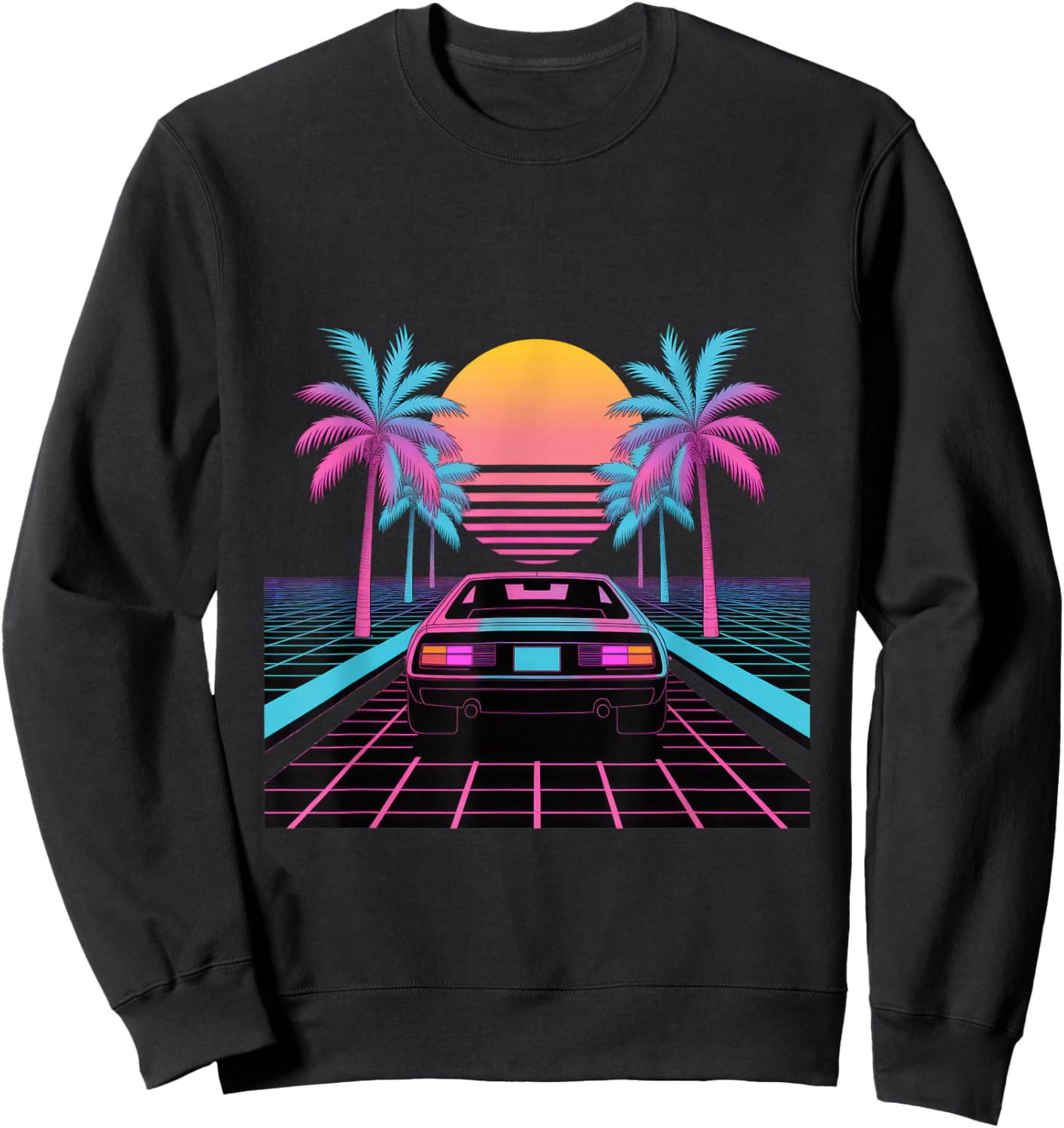 Retro Sunset Car Synthwave Aesthetic Sweatshirt - Sweatshirt | Black