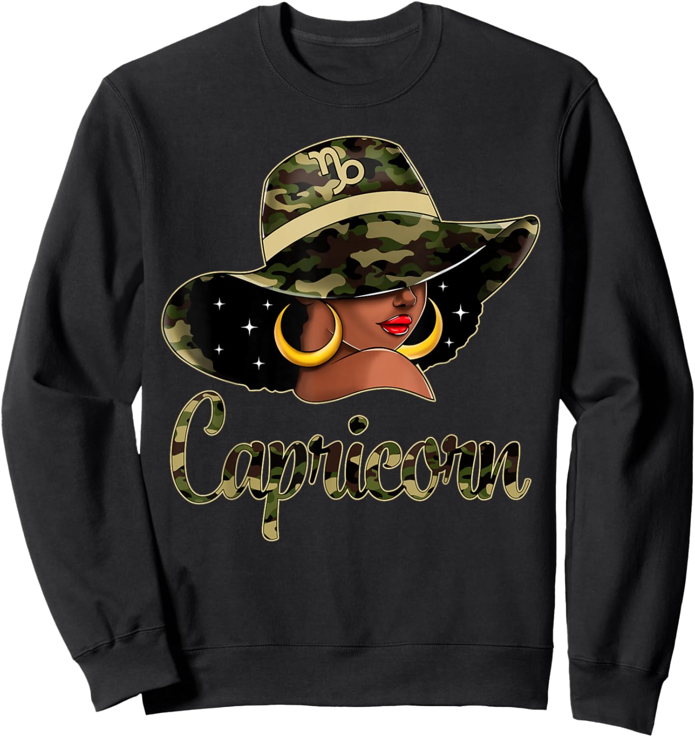 Capricorn Queen Black Woman With Hat Camo Afro Woman Zodiac Sweatshirt - Sweatshirt | Black