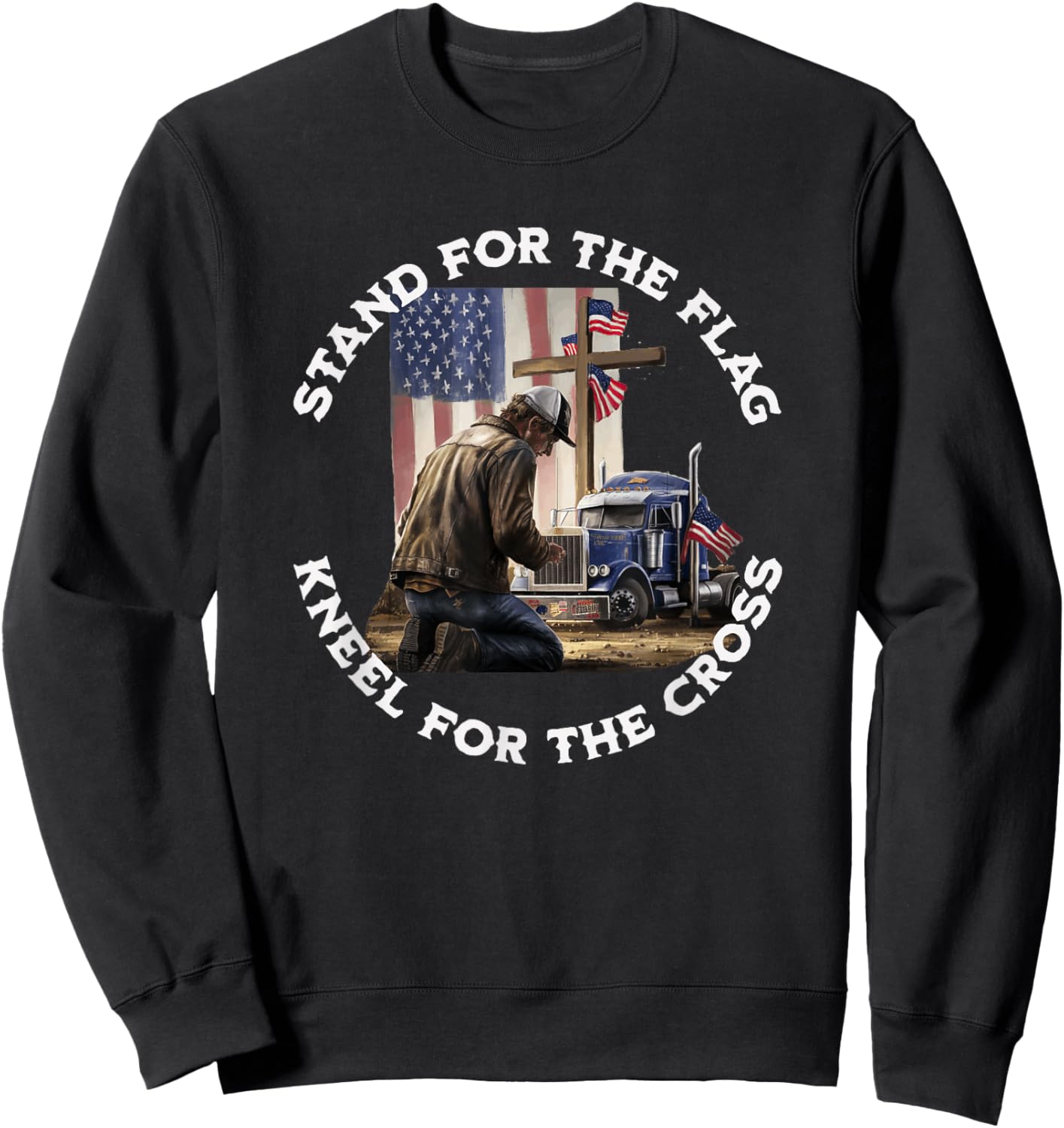American Trucker Praying At The Cross & US Flag Christian Sweatshirt - Sweatshirt | Black