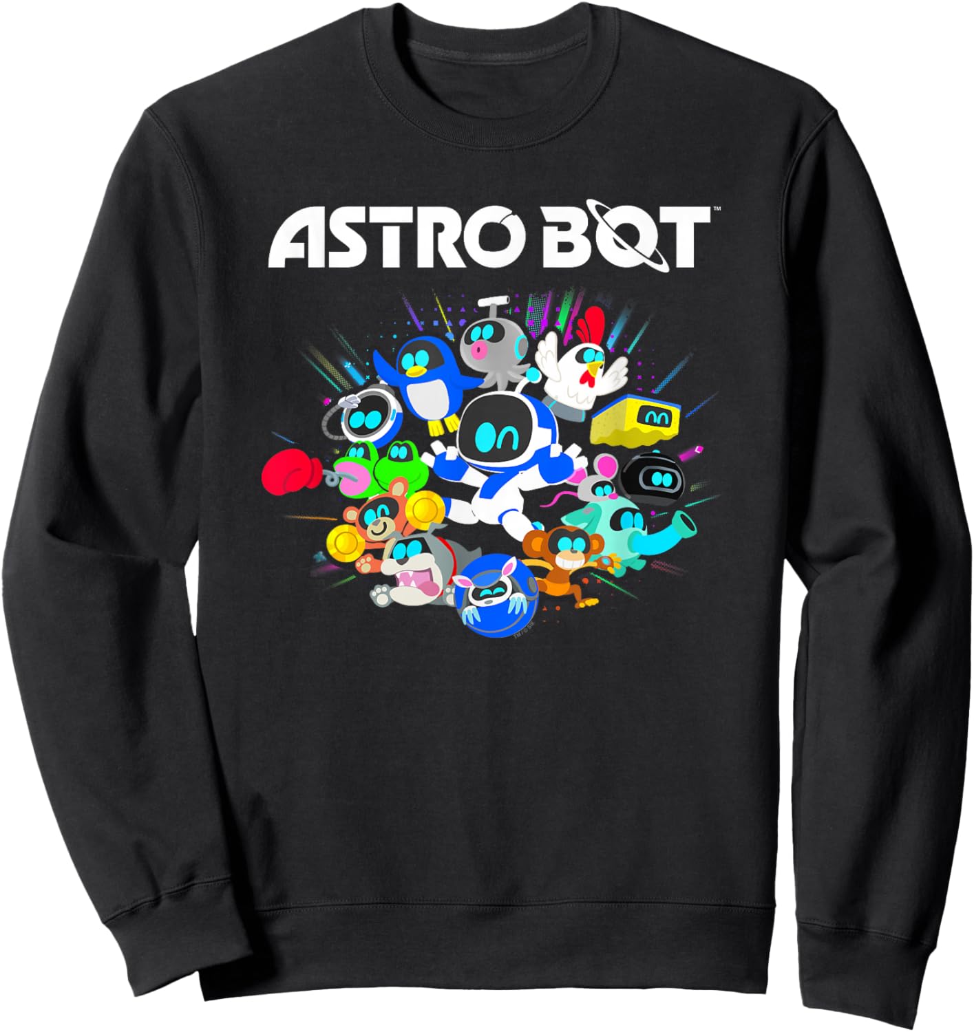 Astro Bot and Friends Character Burst Colorful Video Game Sweatshirt - Sweatshirt | Black