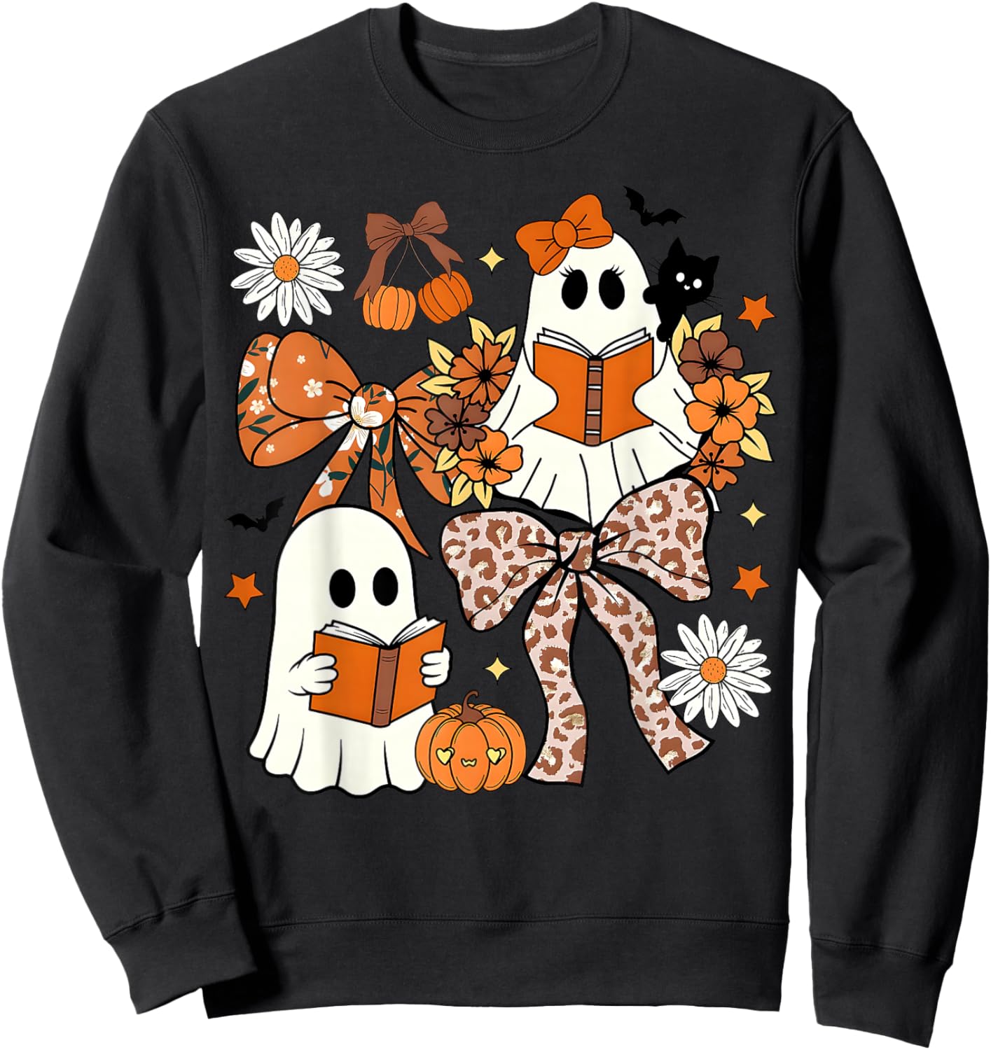 Ghost Reading Books Leopard Pumpkin Coquette Bow Halloween Sweatshirt - Sweatshirt | Black