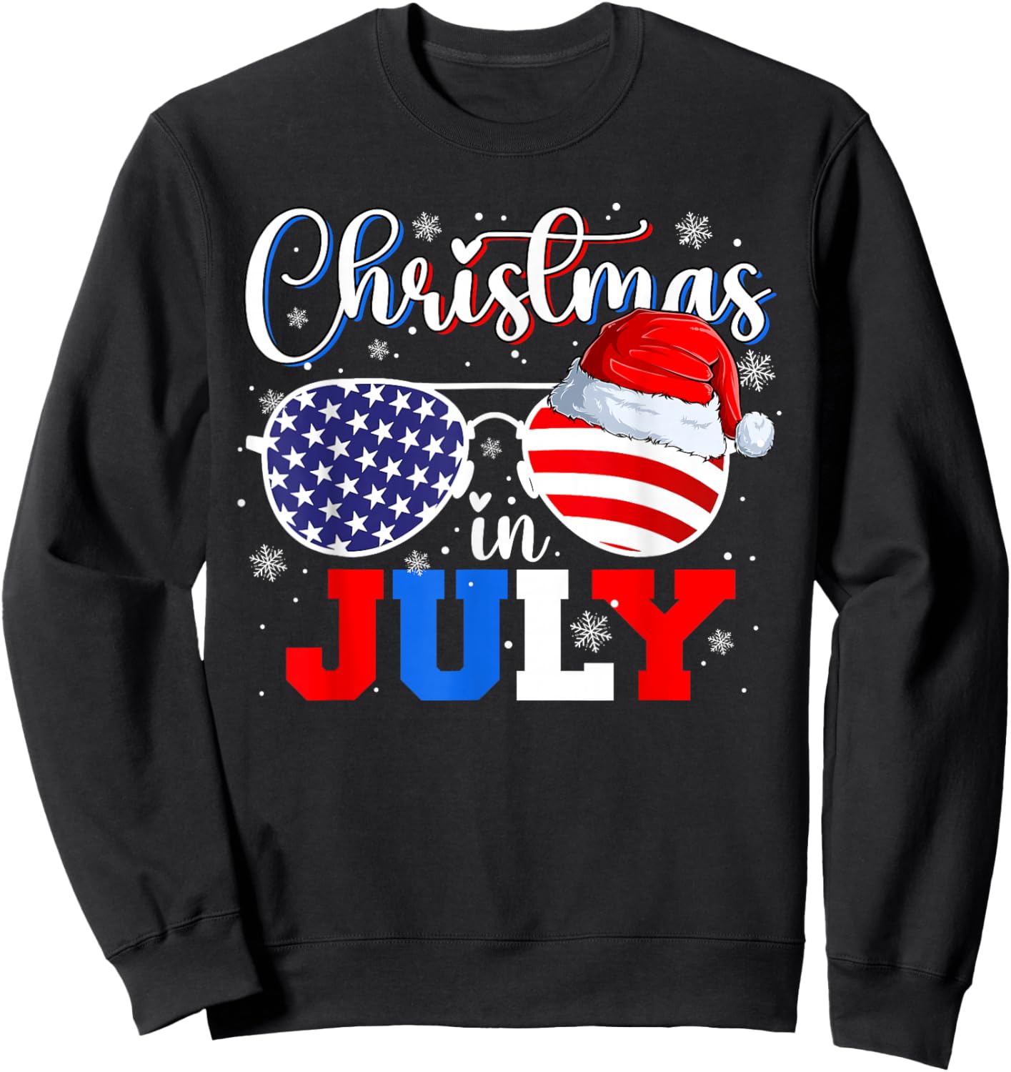 Christmas in July Santa Hat Sunglasses USA Flag 4th of July Sweatshirt - Sweatshirt | Black