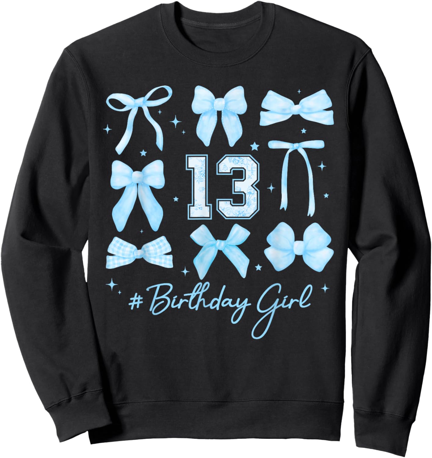 Birthday Girl 13th Blue Floral Coquette Bow Teenager Sweatshirt - Sweatshirt | Black