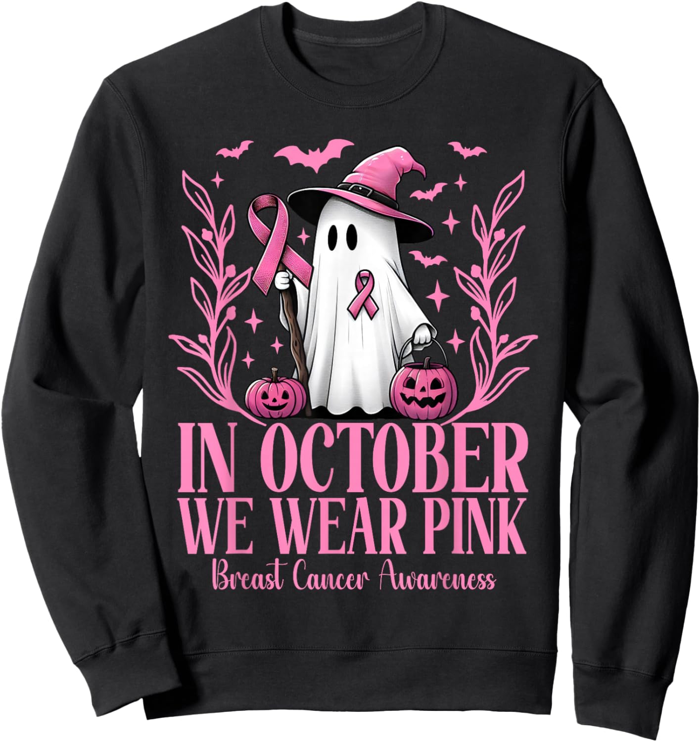 In October We Wear Pink Breast Cancer Witch Ghost Halloween Sweatshirt - Sweatshirt | Black