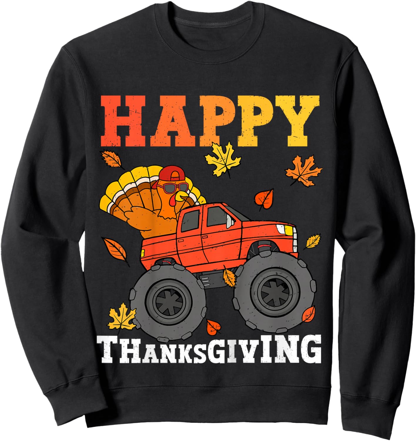 Kids Monster Truck Turkey Happy Thanksgiving Kids Toddler Boys Sweatshirt - Sweatshirt | Black