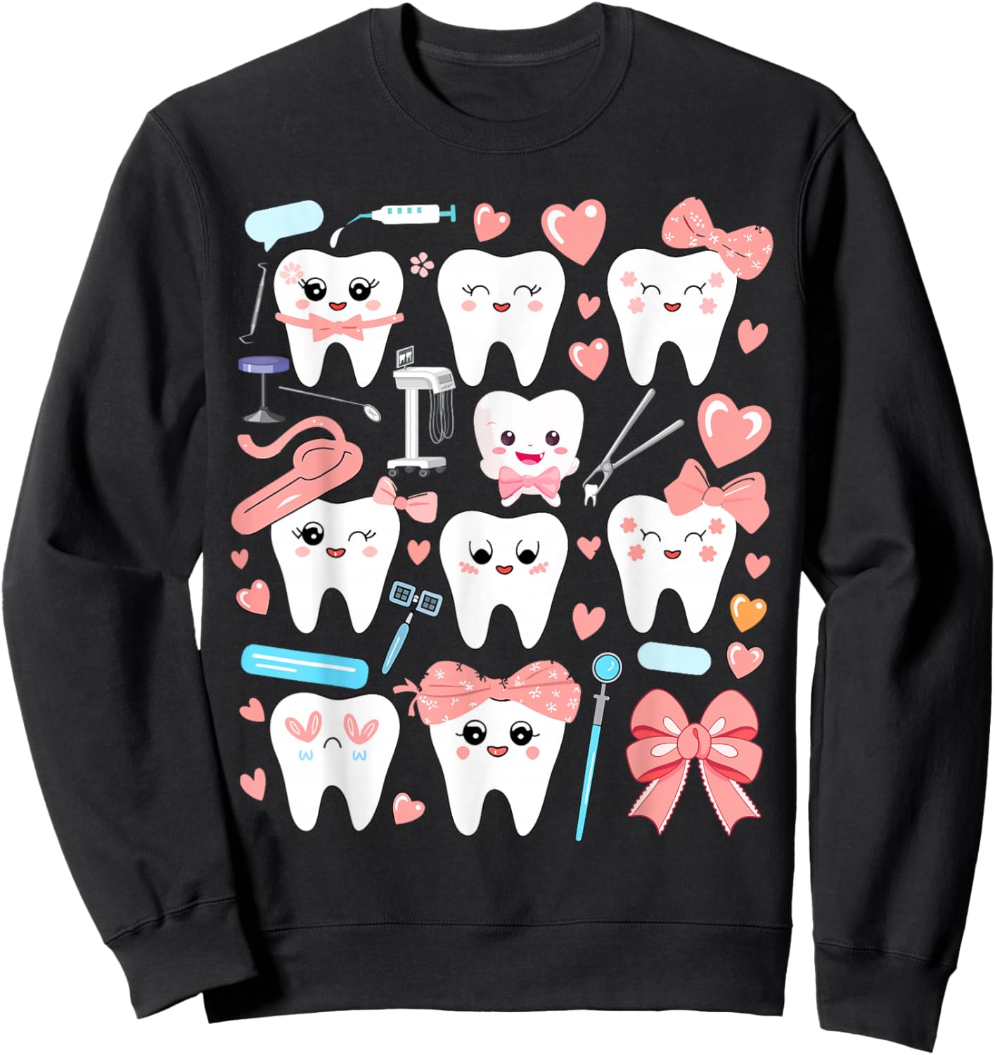 Pink Coquette Bow Cute Teeth Dentist Squad Dental Assistant Sweatshirt - Sweatshirt | Black