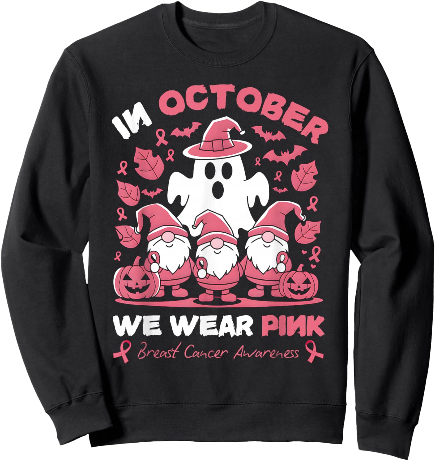 In October We Wear Pink Gnomes Ghost Breast Cancer Awareness Sweatshirt - Sweatshirt | Black