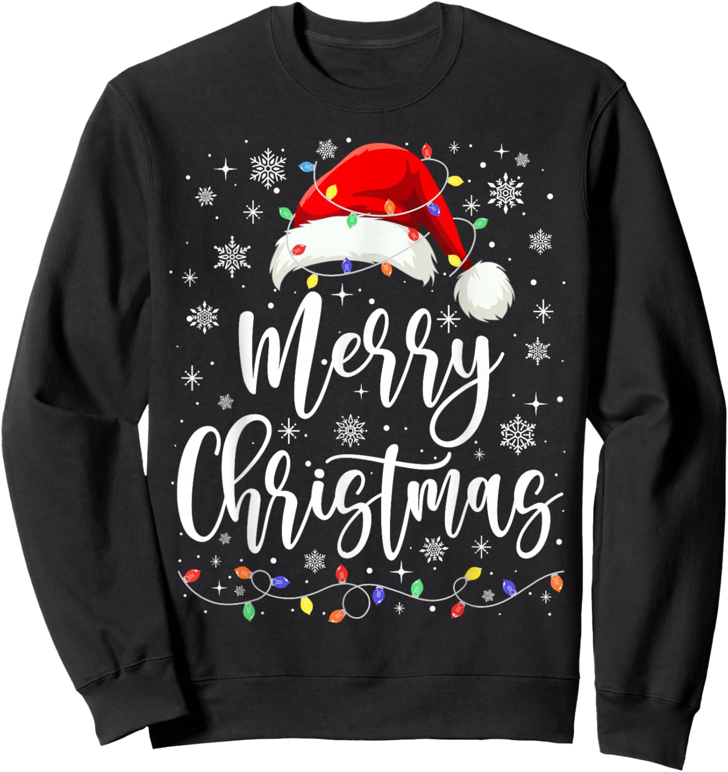 Merry Christmas Lights Red Santa Hat Xmas Family Men Women Sweatshirt - Sweatshirt | Black