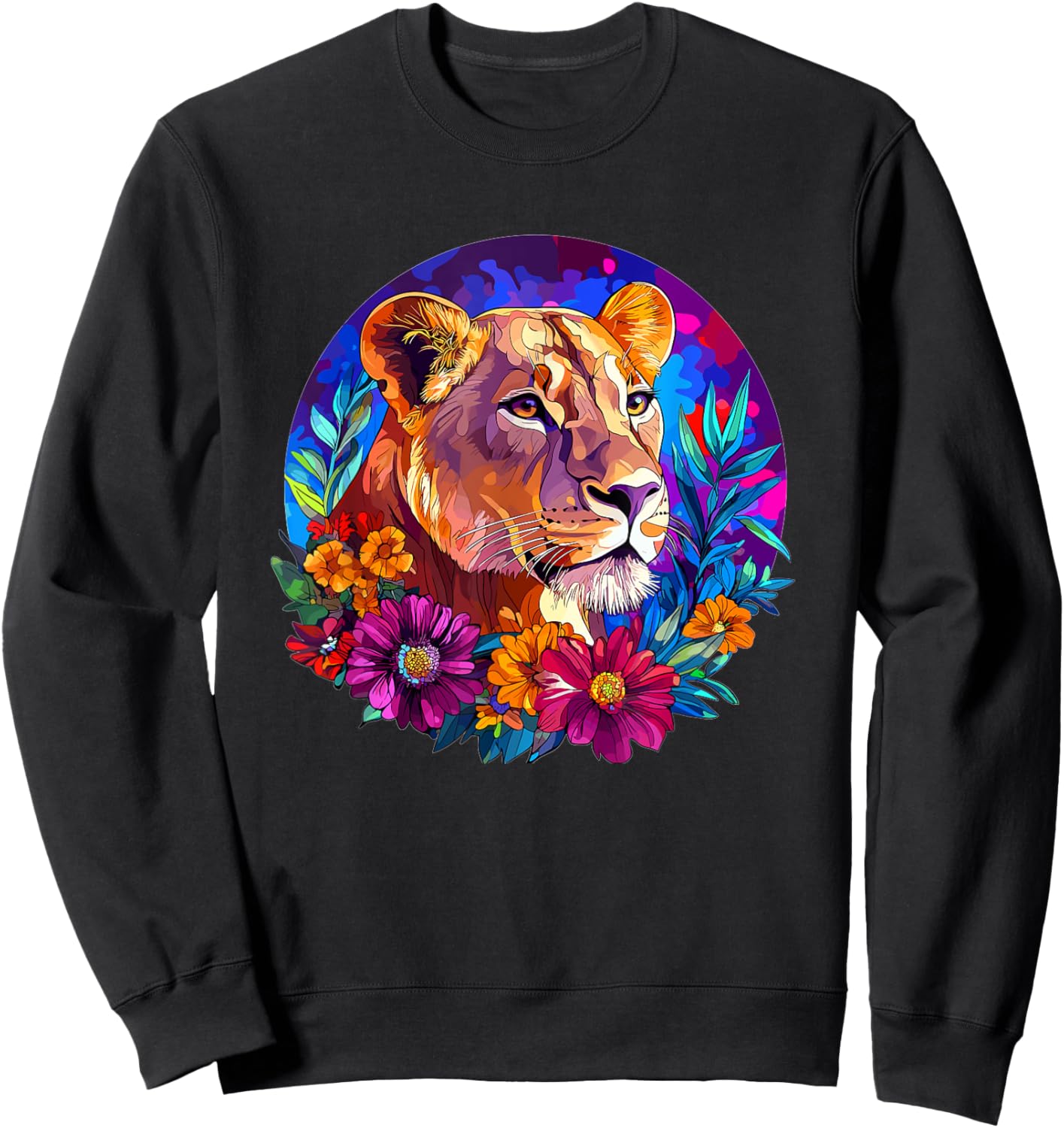 Lioness in Vibrant Floral Jungle Sweatshirt - Sweatshirt | Black