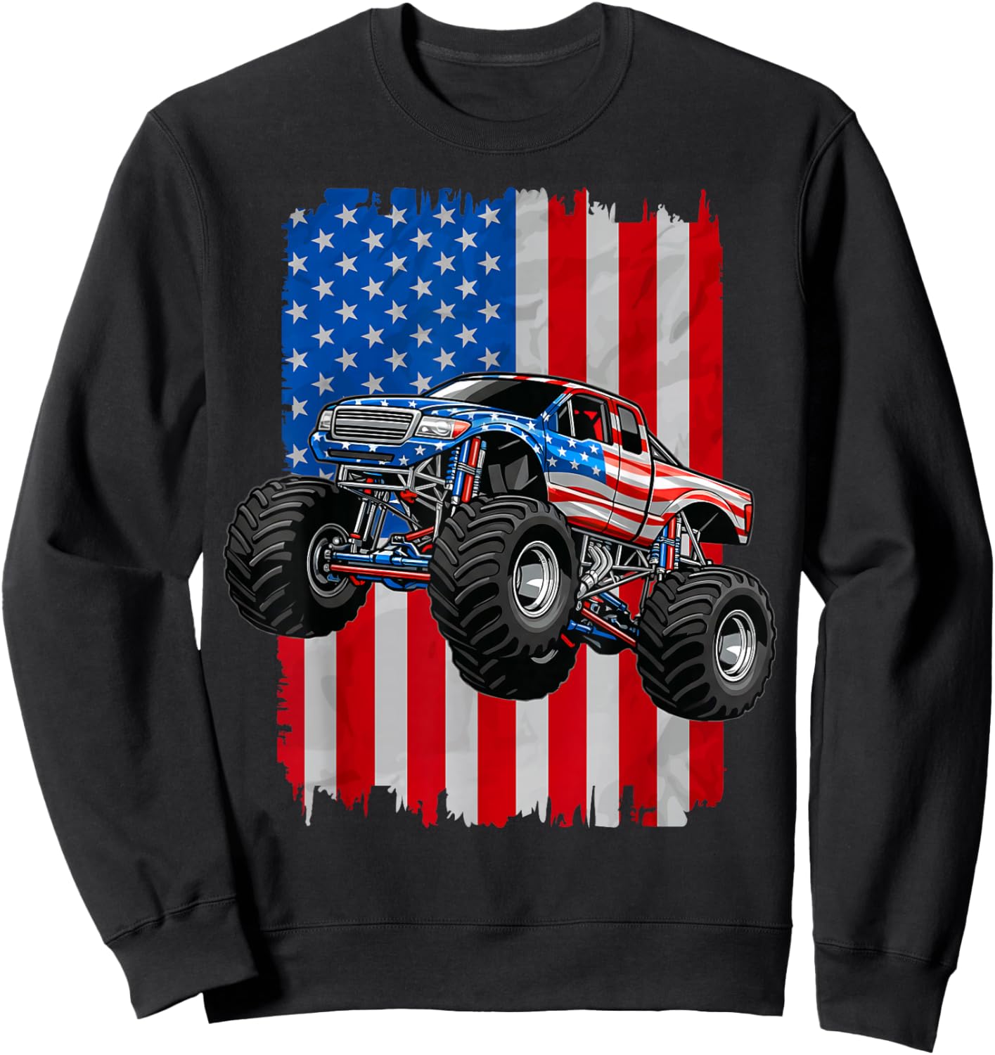 4th of July Monster Trucks USA American Flag Monster Truck Sweatshirt - Sweatshirt | Black