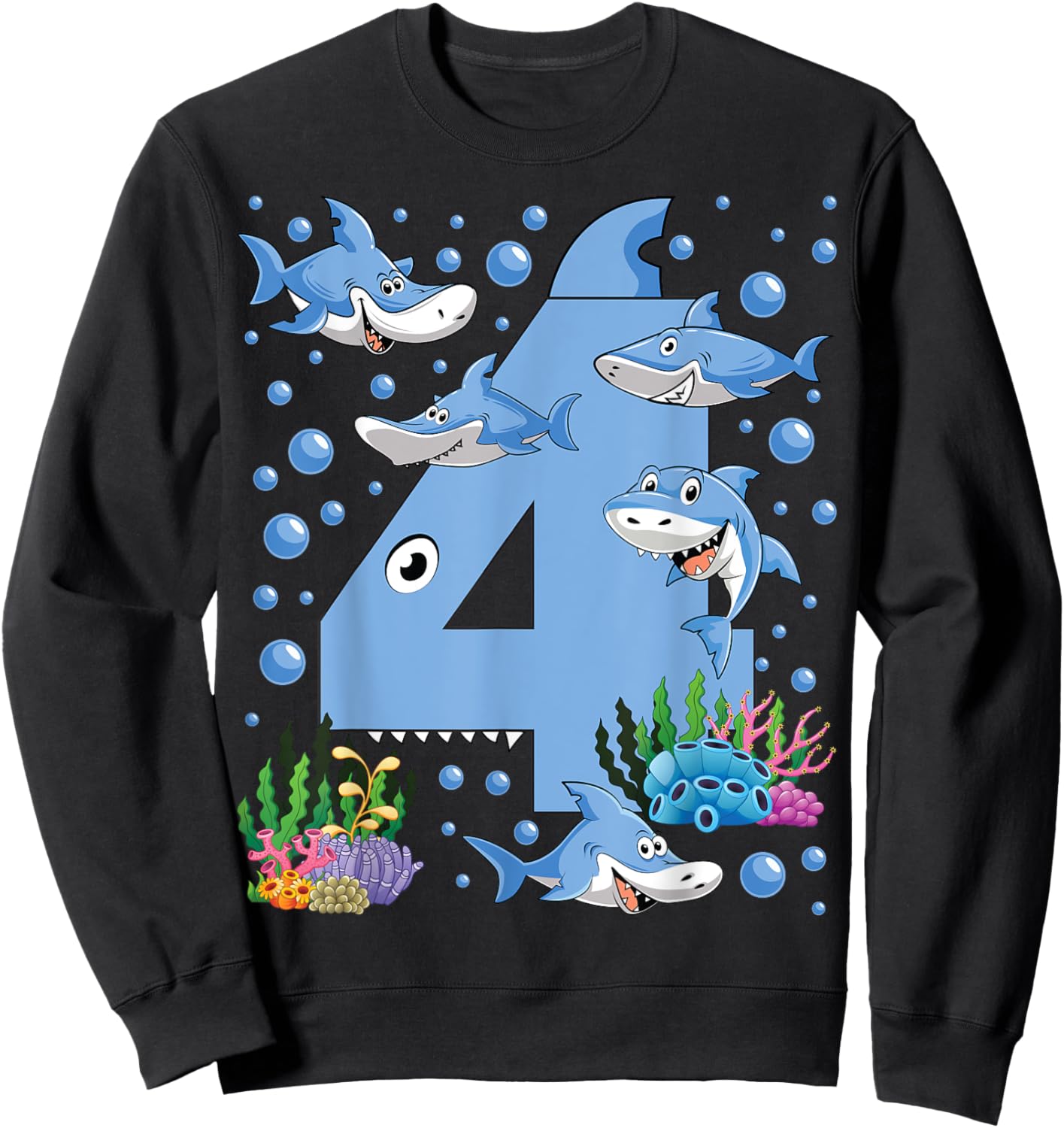 Kids 4 Years Old Shark Ocean Theme 4th Birthday Boy Party Sweatshirt - Sweatshirt | Black