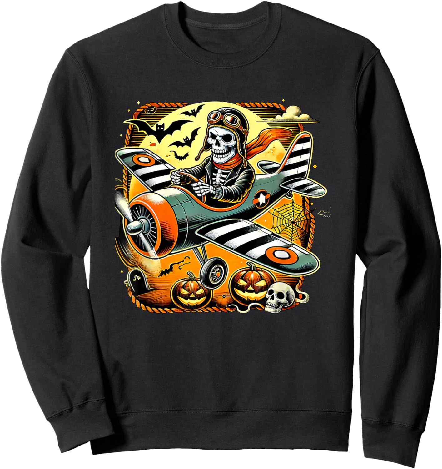 Halloween Skeleton Airplane Sweatshirt - Sweatshirt | Black