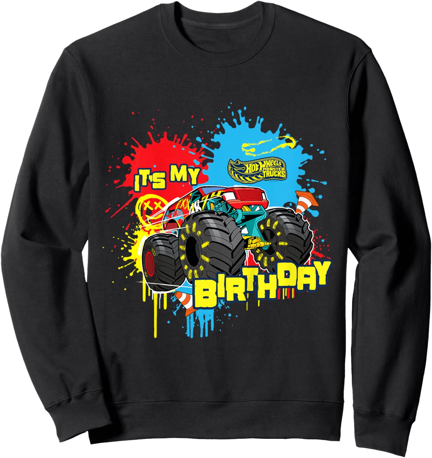 Kids Hot Wheels Monster Trucks - It's My Birthday Paint Splatter Sweatshirt - Sweatshirt | Black