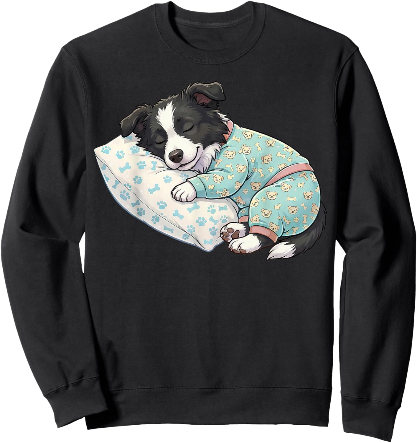 Cute Dog Border Collie Sleeping in Pajamas Bed Art Sweatshirt - Sweatshirt | Black