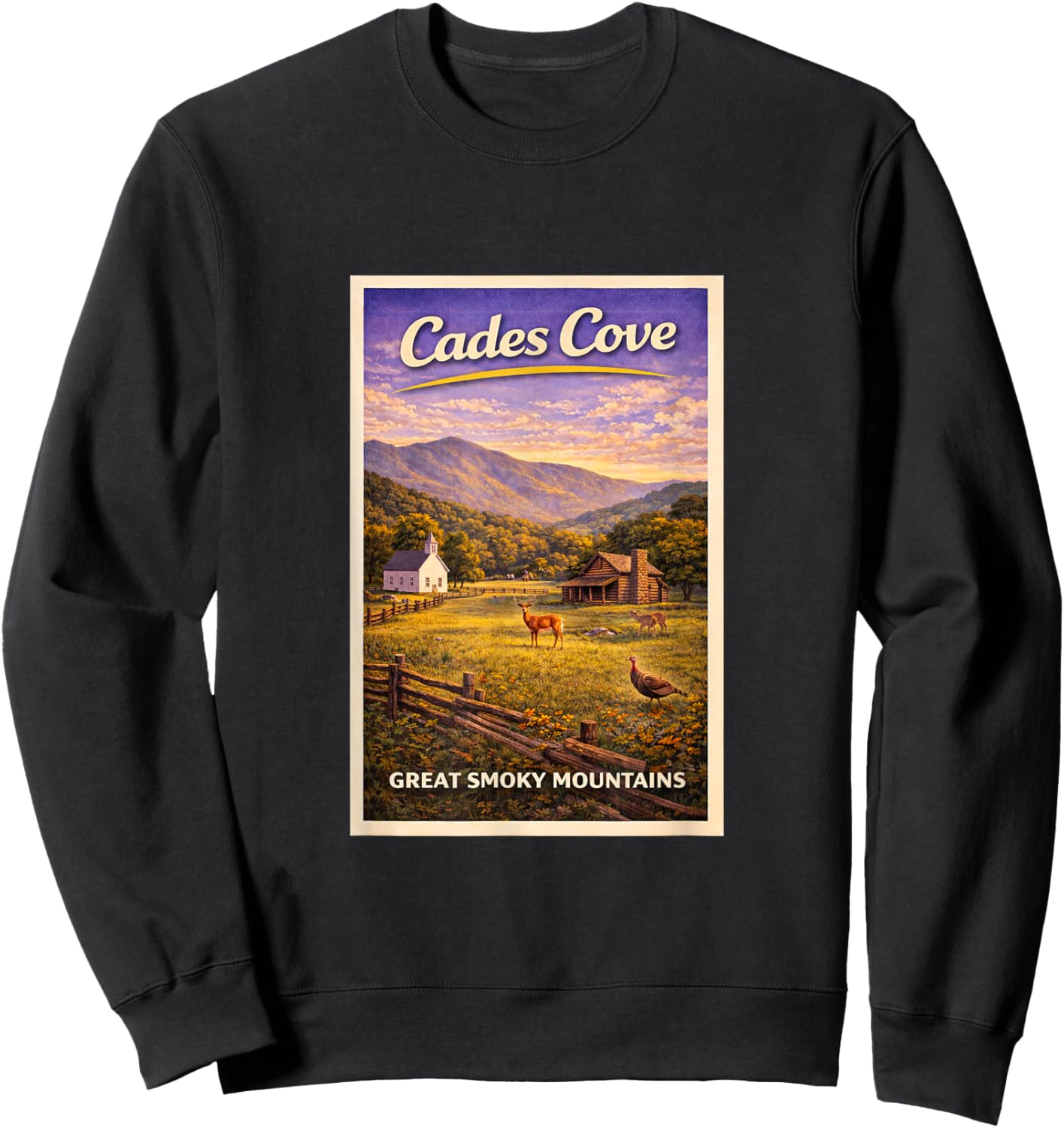 Vintage Great Smokey Mountains Cades Cove GSMNP Travel Art Sweatshirt - Sweatshirt | Black
