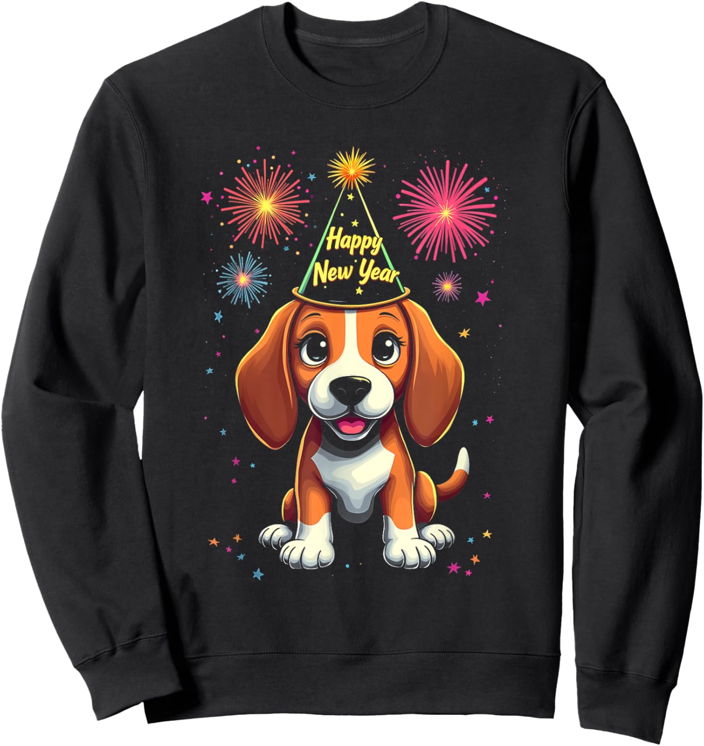 Happy New Year 2025 Eve Firework Dog Funny Beagle Sweatshirt - Sweatshirt | Black