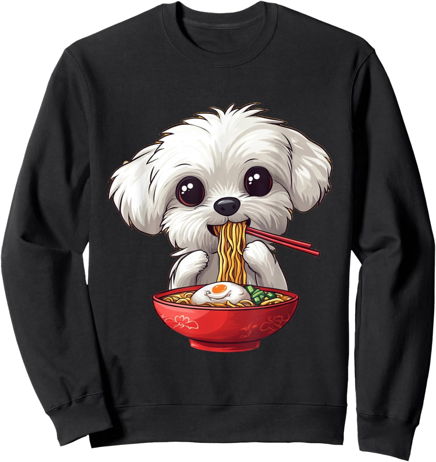 Cute Maltese Dog Eating Ramen Men Women Boys Girls Sweatshirt - Sweatshirt | Black