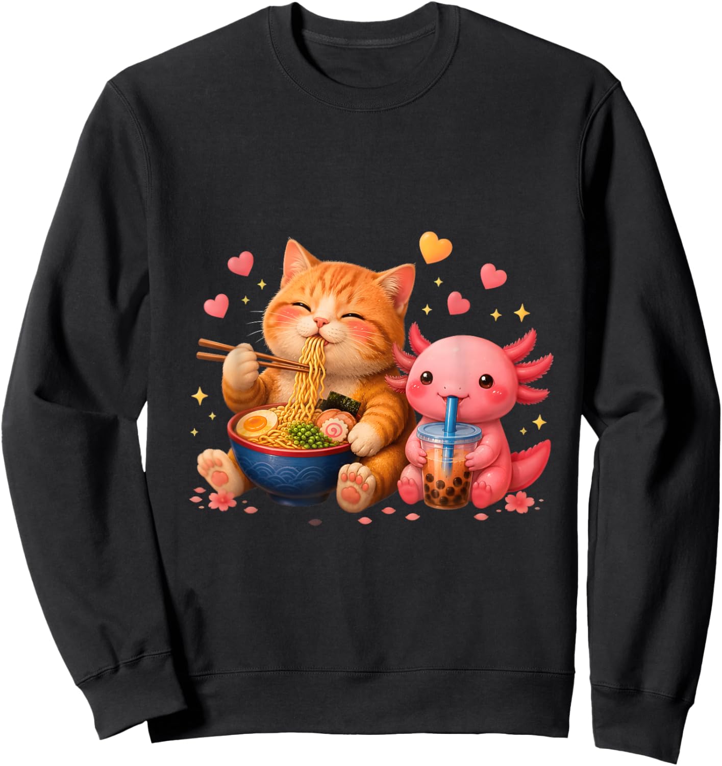 Cute Cat and Axolotl Ramen Bubble Tea Kawaii Anime Teens Sweatshirt - Sweatshirt | Black