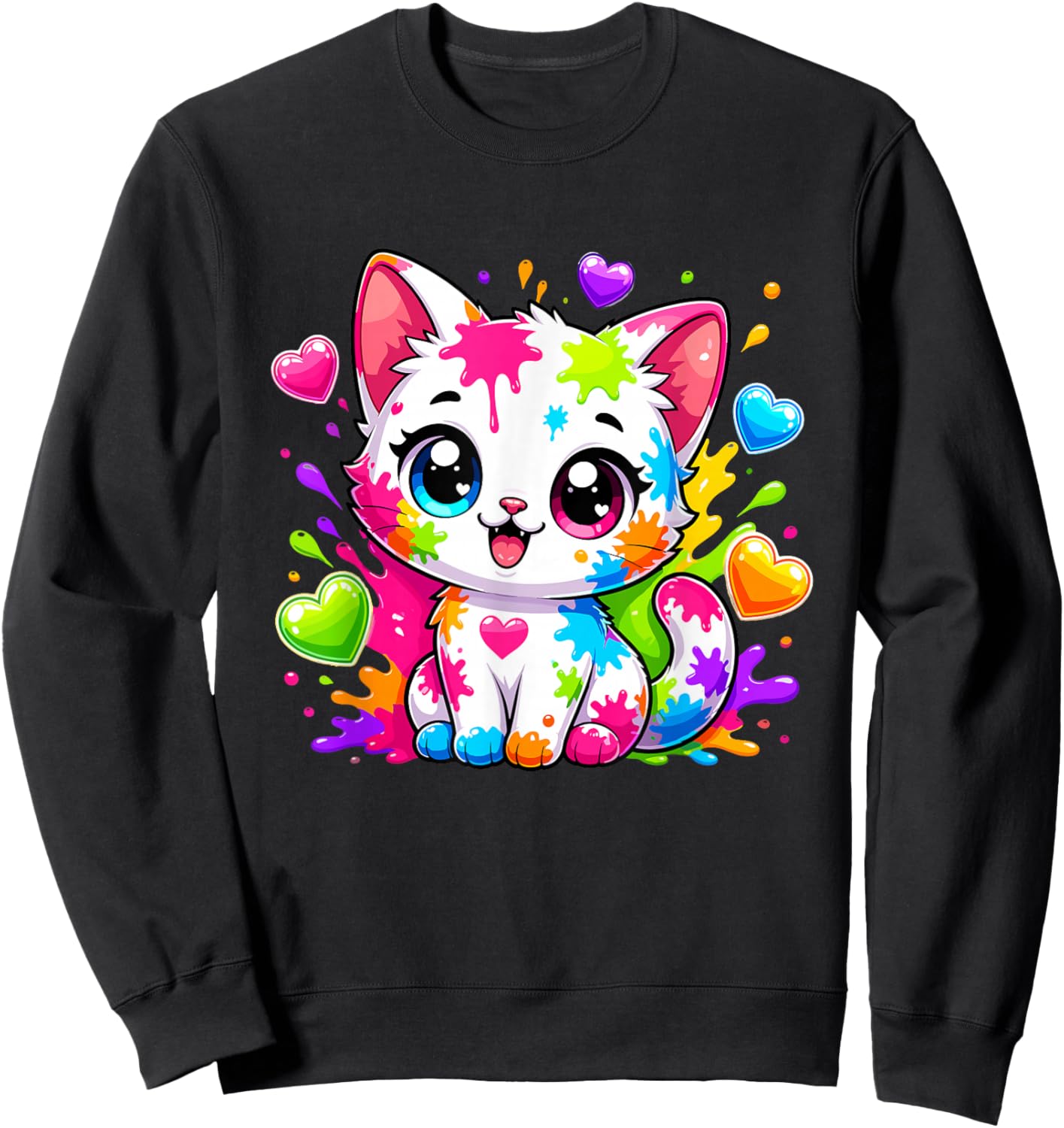 Coloré Rainbow Paint Splash Kawaii Chaton Mignon Sweatshirt - Sweatshirt | Black