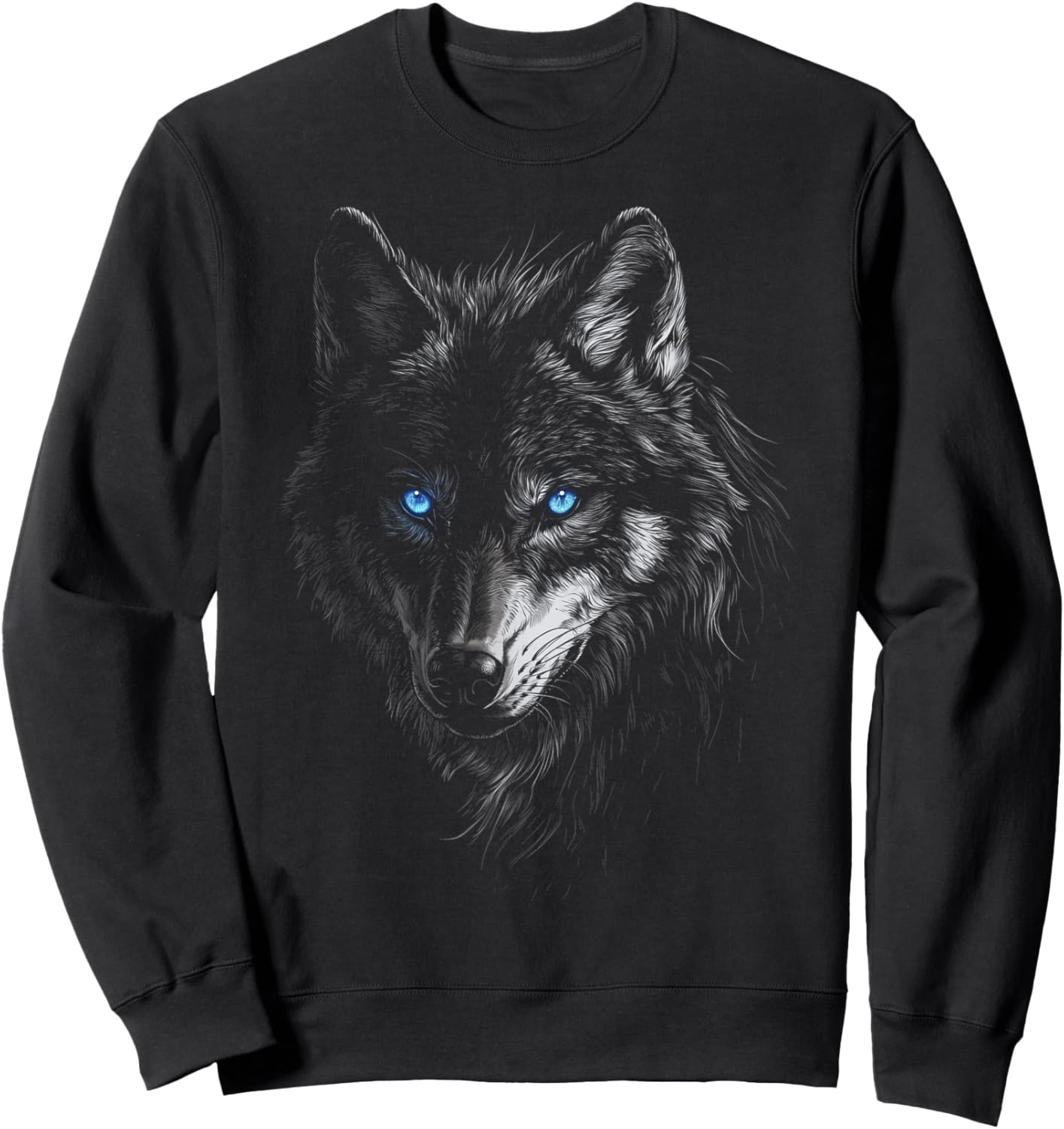 Mystic Wolf with Blue Eyes Animal Art Graphic Wolves Sweatshirt - Sweatshirt | Black