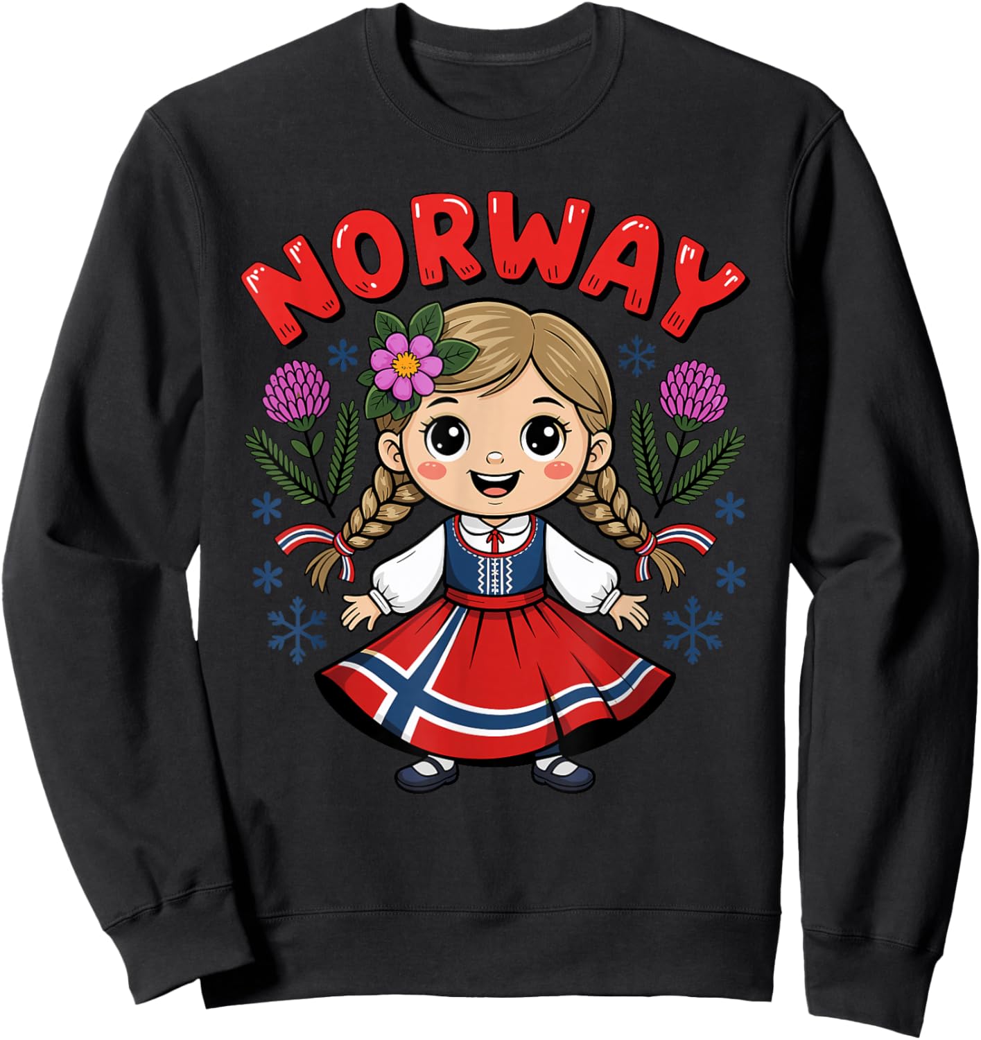 Jolie Fille Norvégienne Robe Drapeau et Fleurs pour Enfants Sweatshirt - Sweatshirt | Black