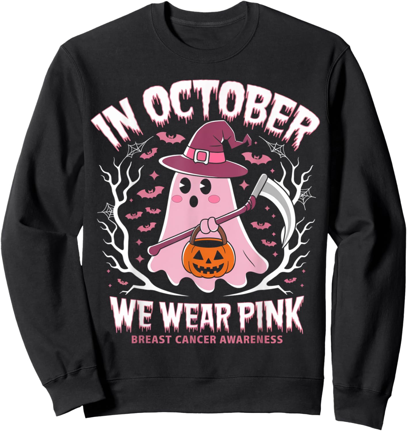 Breast Cancer Women Halloween Ghost In October We Wear Pink Sweatshirt - Sweatshirt | Black