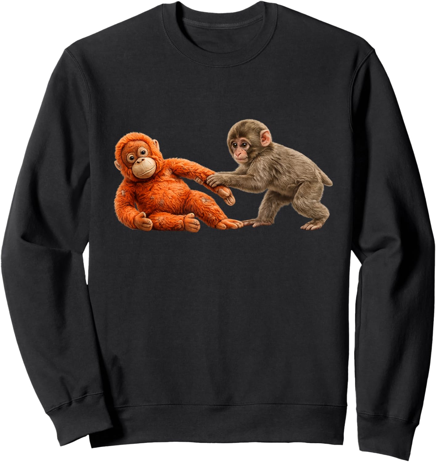 Baby Monkey Abandoned by Mother Hugging Plush Monkey Sweatshirt - Sweatshirt | Black