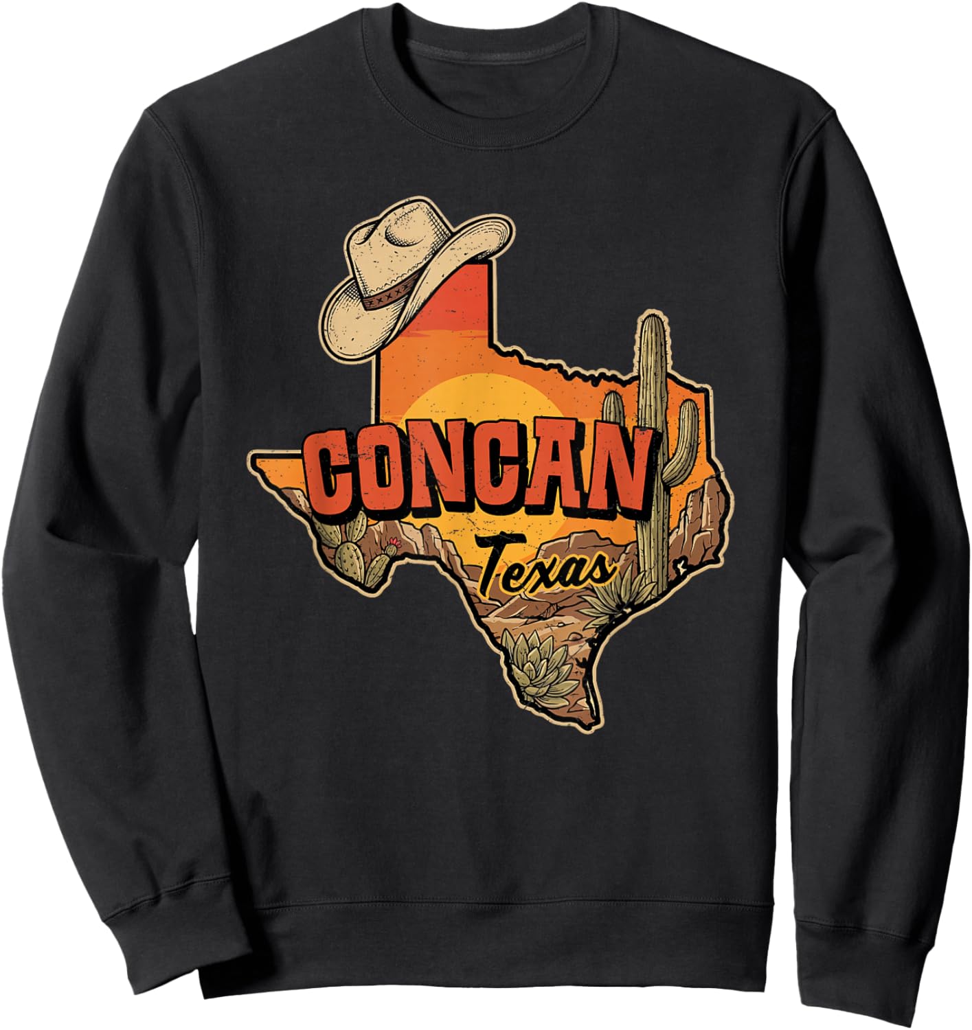 Concan Texas Vintage Cowboy Hat Desert Cactus Sunset Sweatshirt - Sweatshirt | Black
